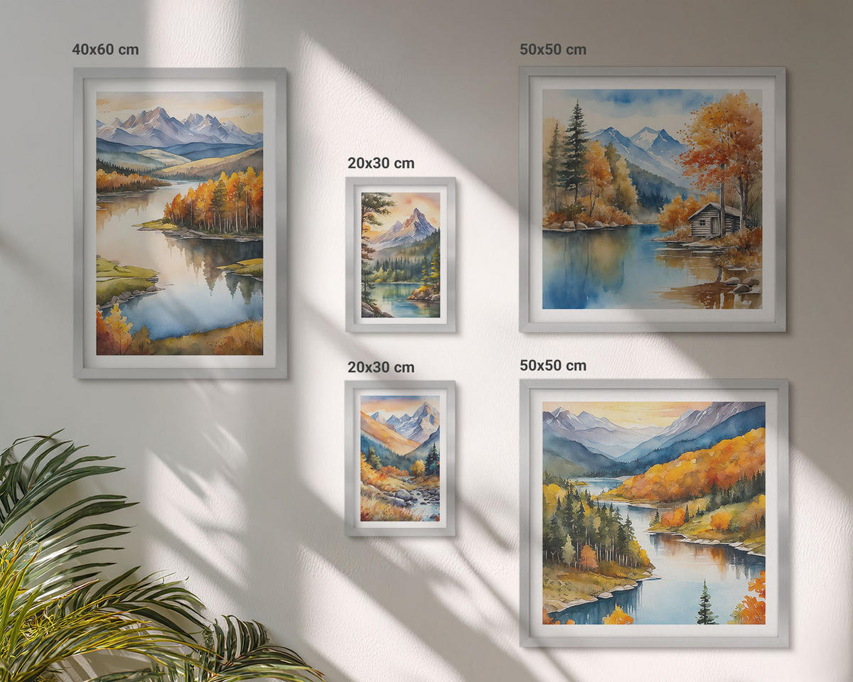 BILDER SET 5er Set - 50x50 cm & 20x30 cm & 40x60 cm Silberner Rahmen - Berglandschaft mit einem Fluss - Silberfarben, Kunststoff (40/60cm) - TULUP