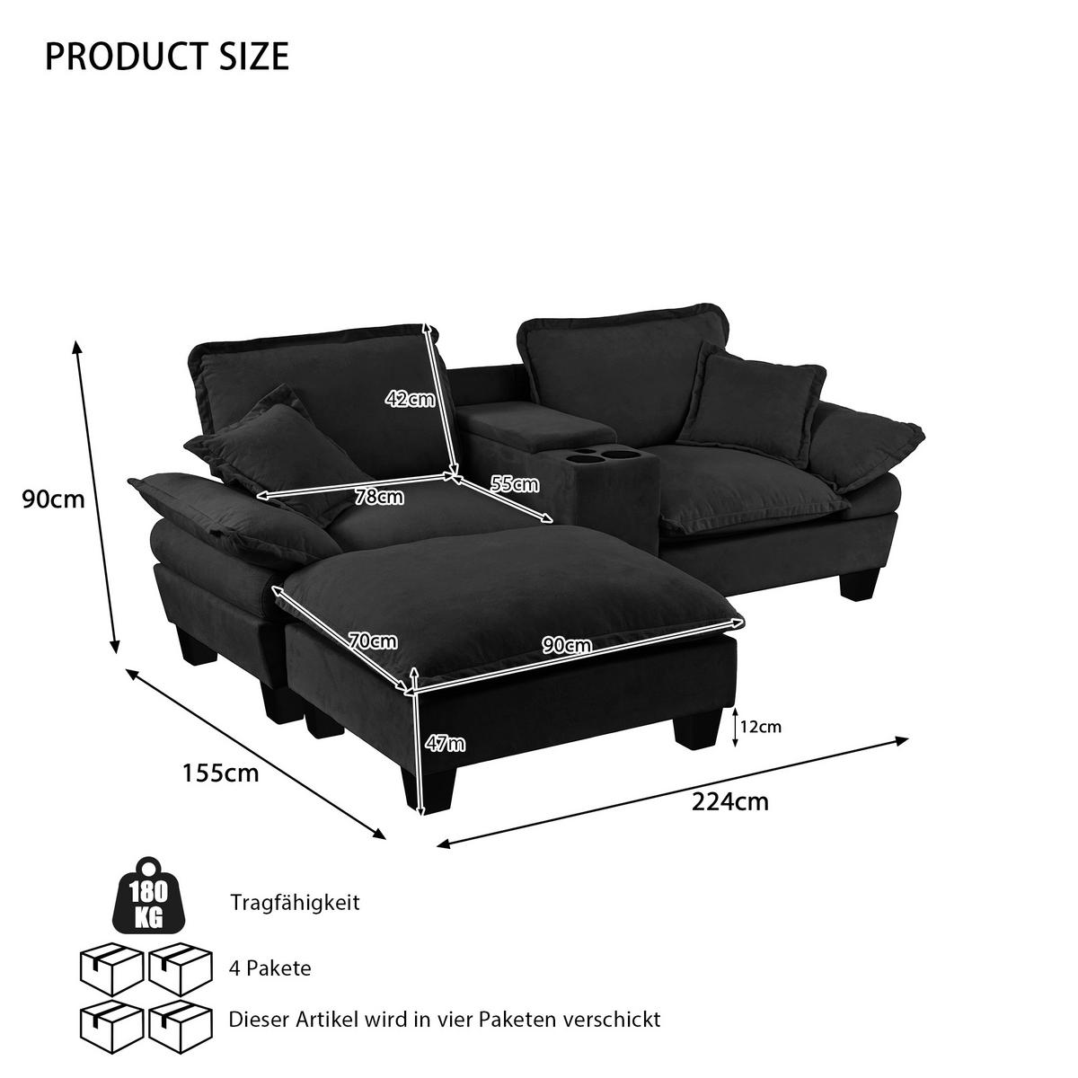 ECKSOFA 224/155/90 cm Schwarz mit Getränkehaltern, Stauraum, USB-Anschluss, 1 Ottomane und 2 Kissen - Schwarz, Textil (224/151cm) - Oxeza