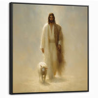 LEINWAND Bilder mit Rahmen - Schaf - Jesus - Pinselstriche - Abstrakt - 90x90 - Beige, Textil (90/90cm) - MuchoWow