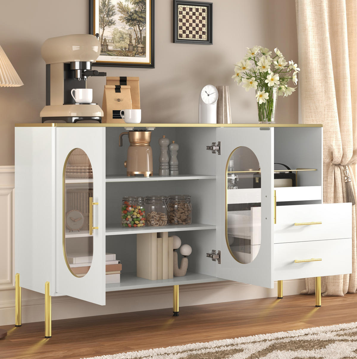 SIDEBOARD 140/38/90 cm mit 2 Glastüren & Schubladen in Weiß - Weiß, Holzwerkstoff (140/90/38cm) - BEAOK