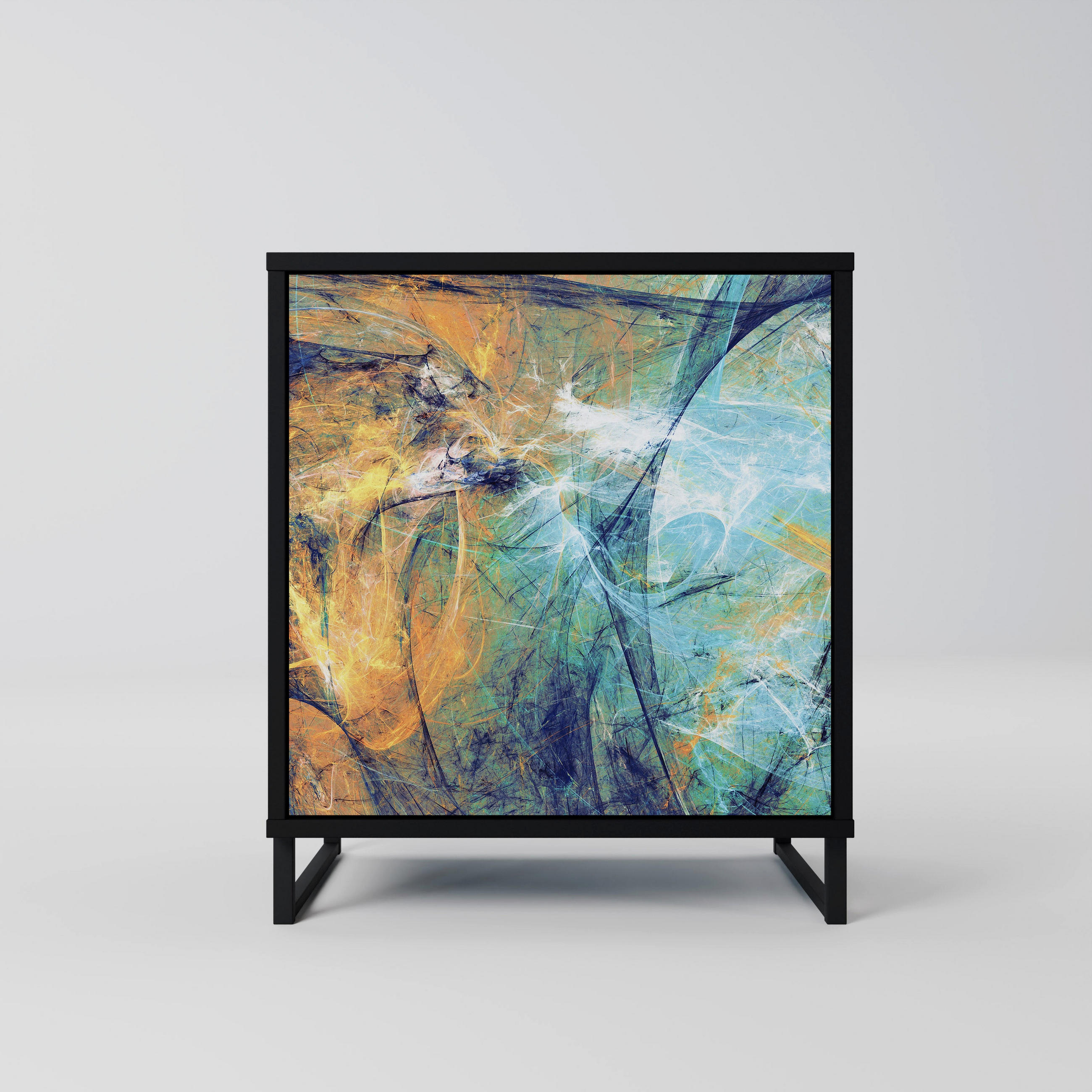 SIDEBOARD ABSTRACT THOUGHTS, Schwarz, 57,5x42x67,5 cm, Schwarze Metall-Rahmenfüße - Multicolor/Schwarz, Holzwerkstoff/Metall (57.5/67.5/42cm) - SpaceRebels