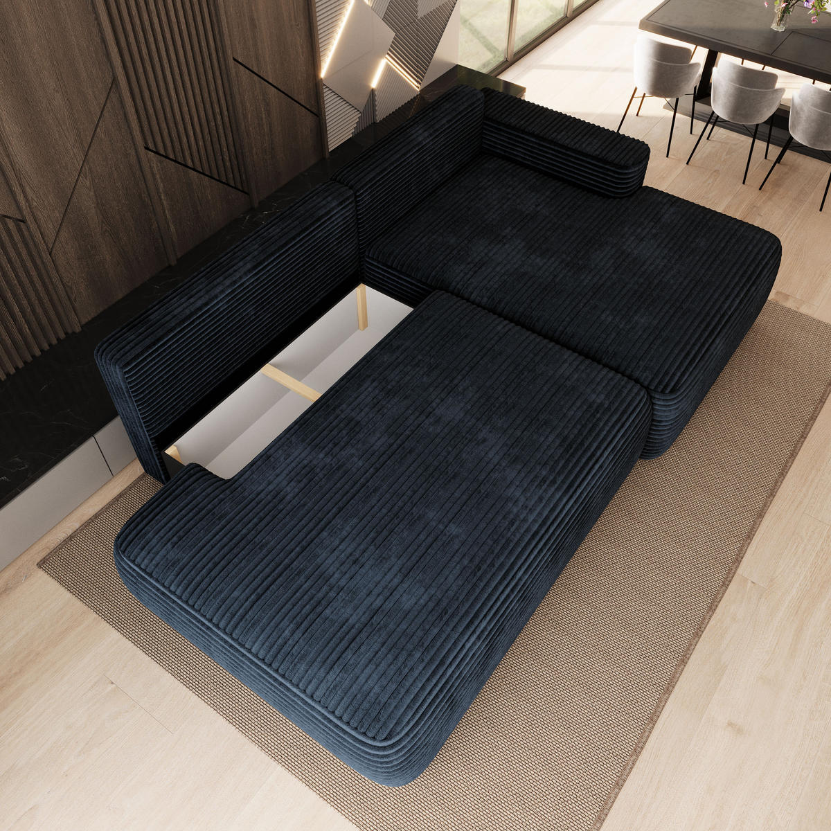 ECKSOFA AVINI T R-S Schwarz Kordstoff mit Schlaffunktion - Schwarz, Holzwerkstoff/Textil (277/160cm) - MASSENO