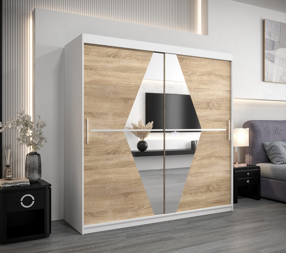 SCHWEBETÜRENSCHRANK 200/200/62 2-türig - Silberfarben/Weiß, Holz/Kunststoff (200/200/62cm) - Abiks Möbel