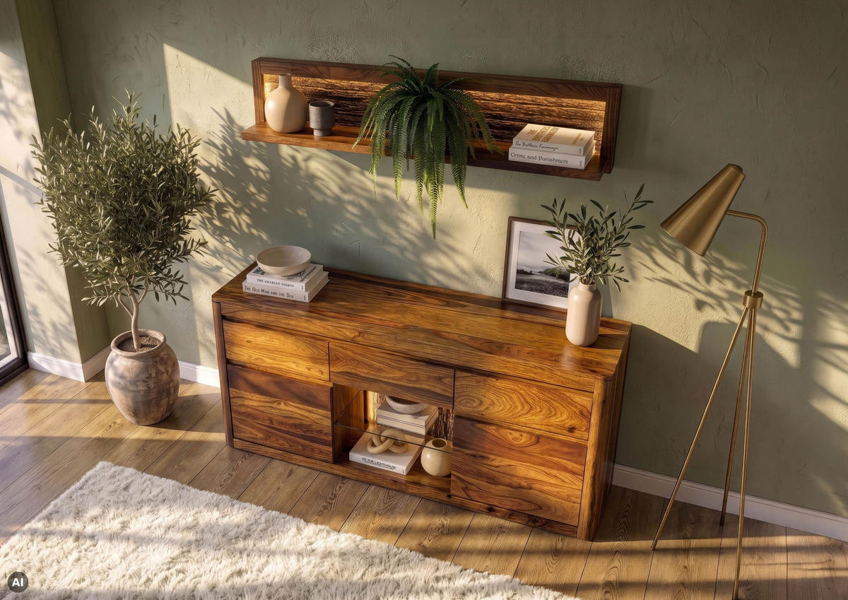 SIDEBOARD Sheesham 185x40x80 walnuss gewachst TORONTO LUX #202 - Dunkelbraun, Holz (185/80/40cm) - Massivmoebel24