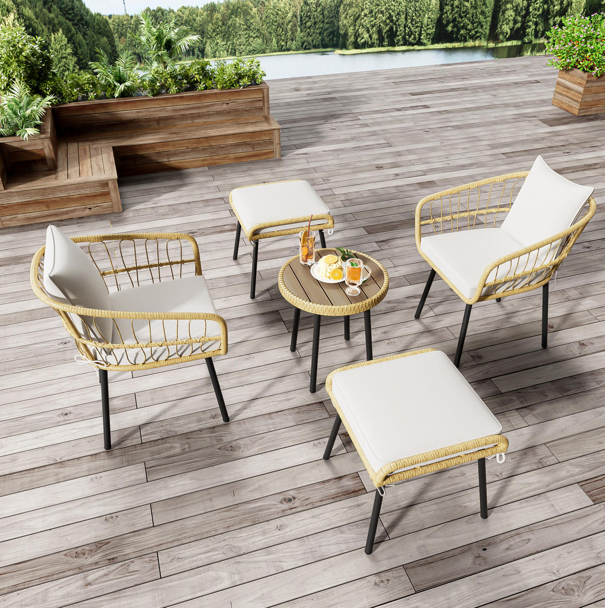 GARTENSETS aus Rattan Natur mit Sitzkissen & verzinktem Eisenrahmen - Naturfarben, Metall - Modfu