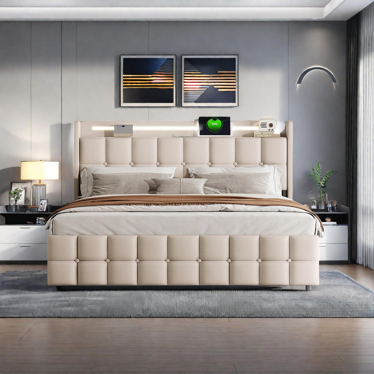 ČALÚNENÁ posteľ béžová 140x200 cm LED - béžová, kov (140/200cm) - SHOPENTRA