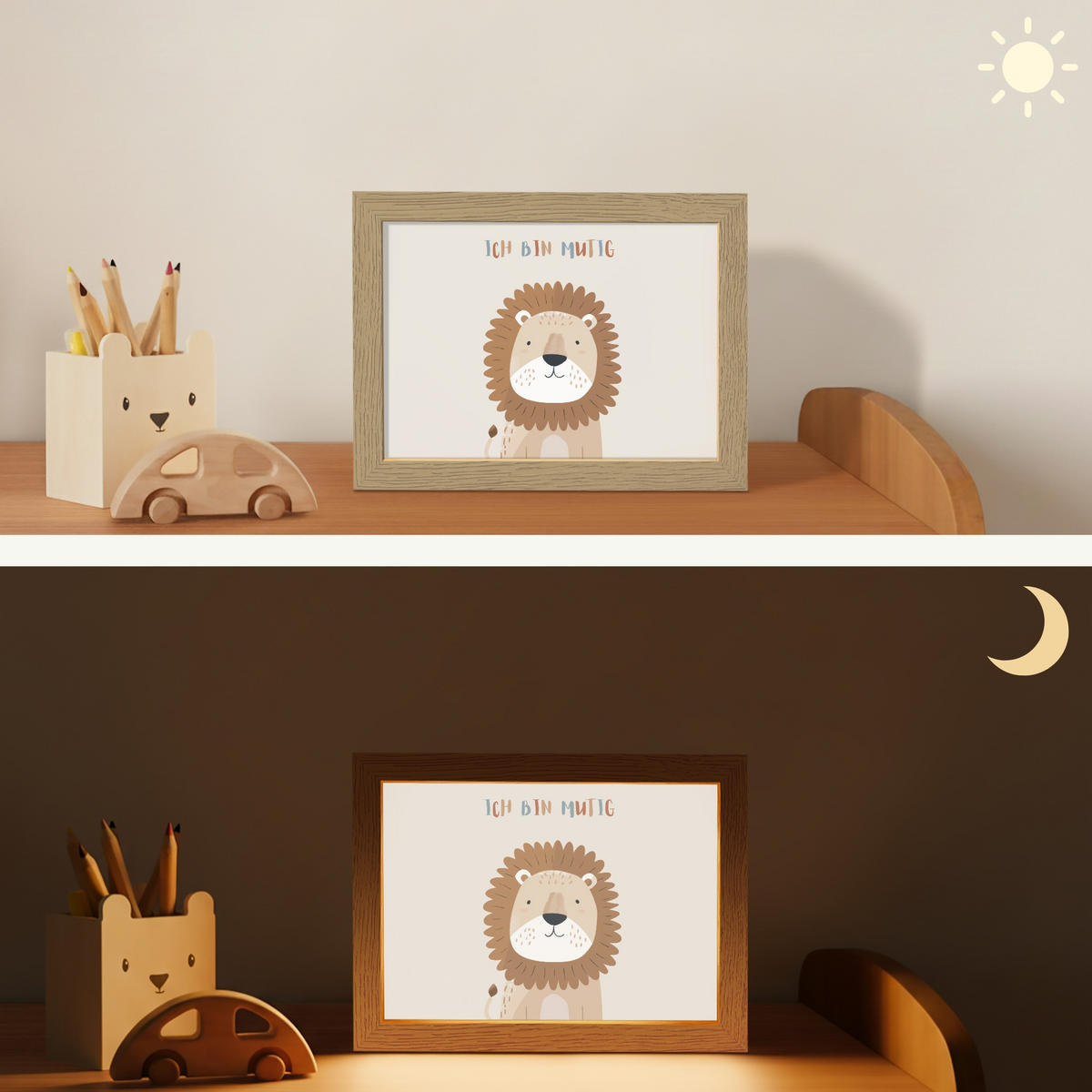 NACHTTISCHLAMPE Löwe - Beige - Tier - Mutig - Zitat 20x15 cm - Beige, Holzwerkstoff (8/20/15cm)