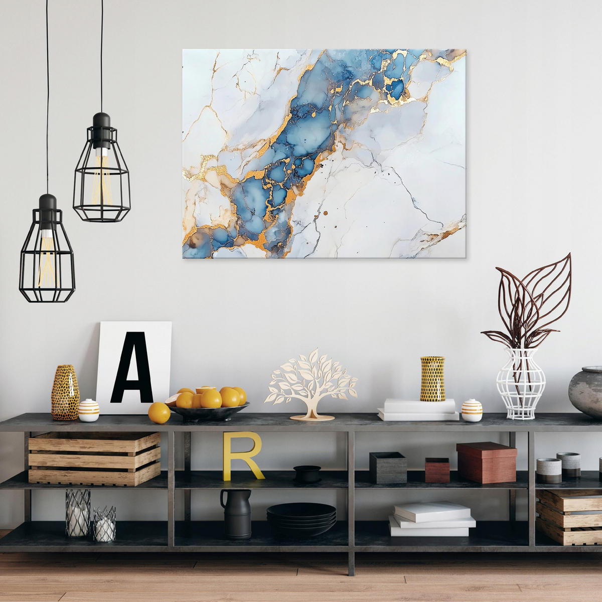 WANDBILD XXL Abstrakt Marmor Blau Gold Modern Wohnzimmer 120x80 - Grau, Holzwerkstoff (120/80cm) - Wallarena