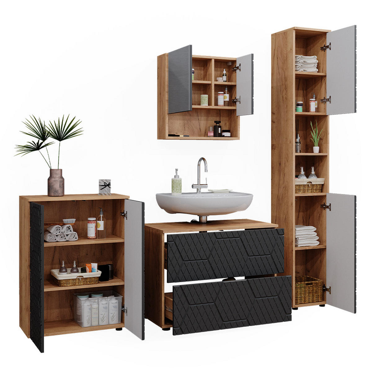 BADMÖBEL-SET Irma Anthrazit gestreift 4 Teile - Honigeiche/Anthrazit, Holzwerkstoff (80/58/41cm) - Vicco