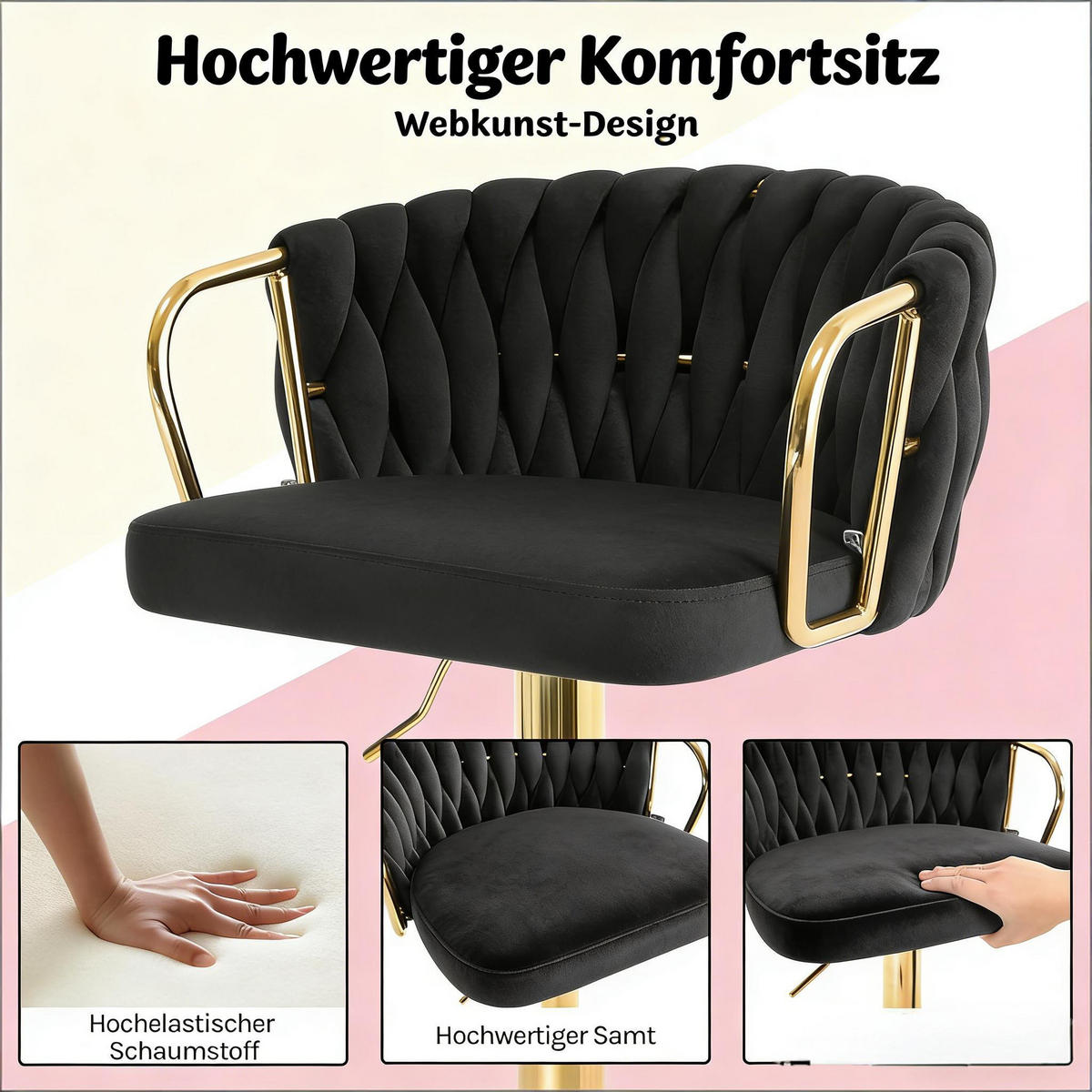 BARHOCKER DE-36090 Drehbar höhenverstellbar mit Samtbezug Schwarz - Schwarz, Metall (49.5/98/50.5cm) - ComfortXL