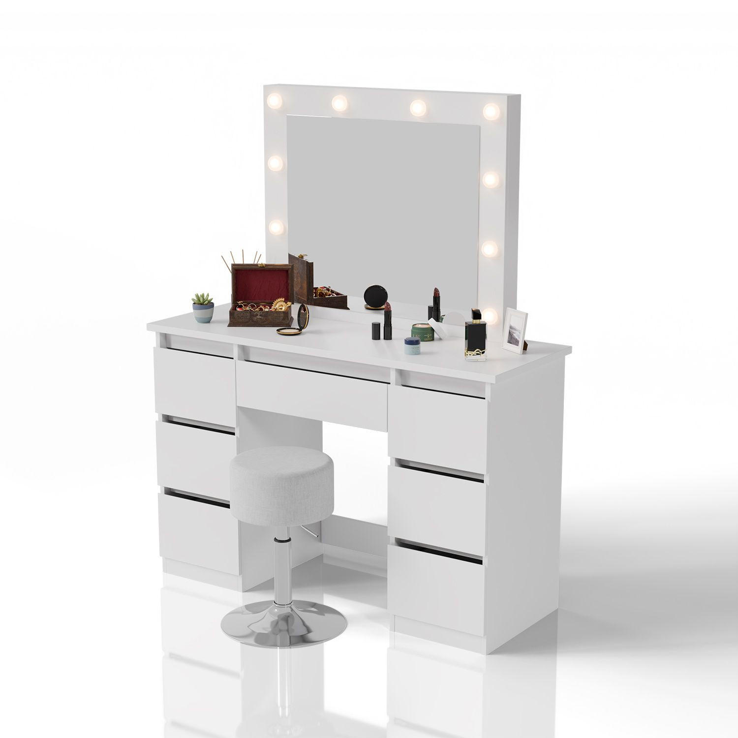 SCHMINKTISCH Talea mit LED (3 Lichtstufen) inkl Hocker Tonia - Weiß, Holz (110/141/40cm) - Juskys