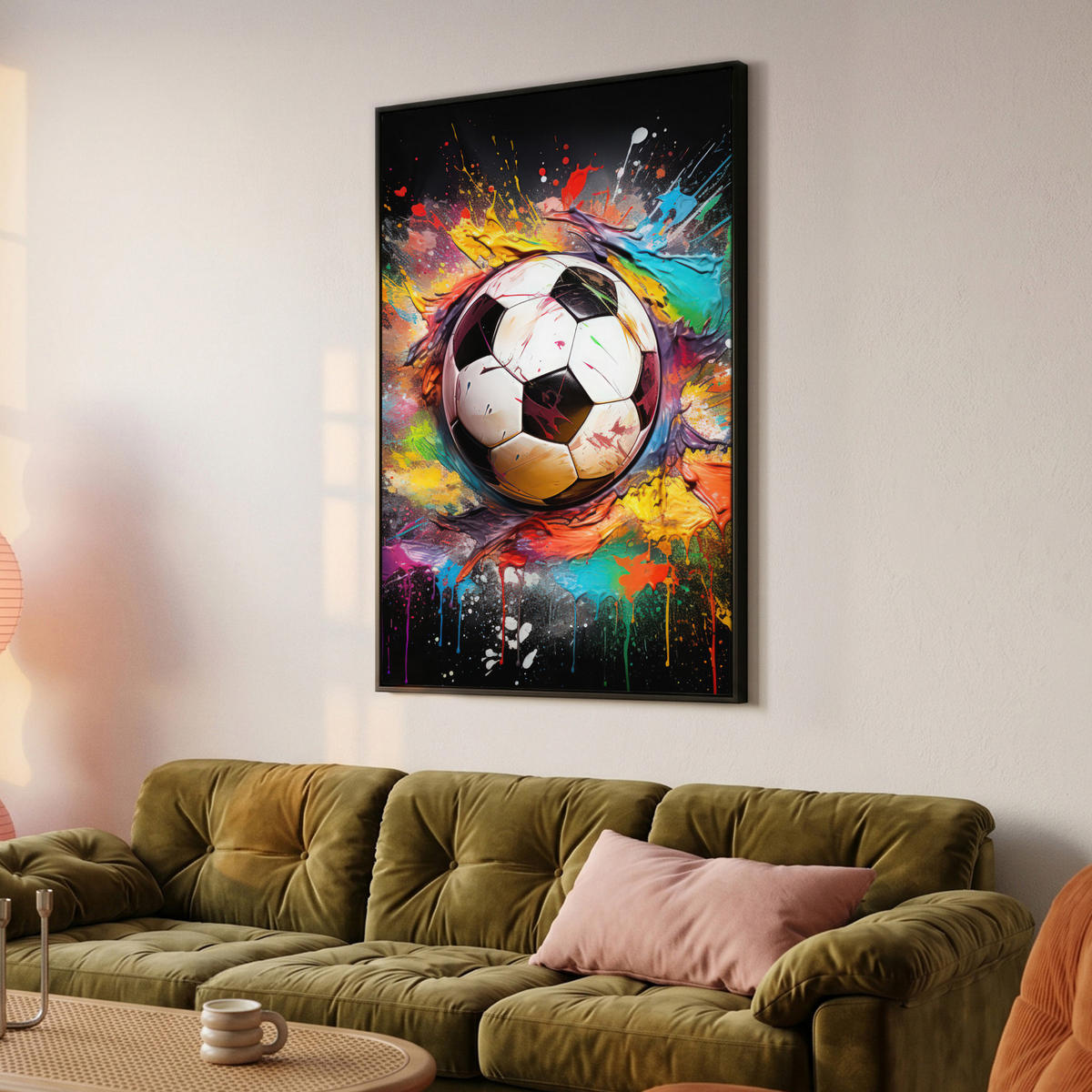 LEINWAND Bilder mit Rahmen - Fußball - Farbe - Farben - Schwarz - Weiß - 80x120 - Weiß, Textil (80/120cm) - MuchoWow