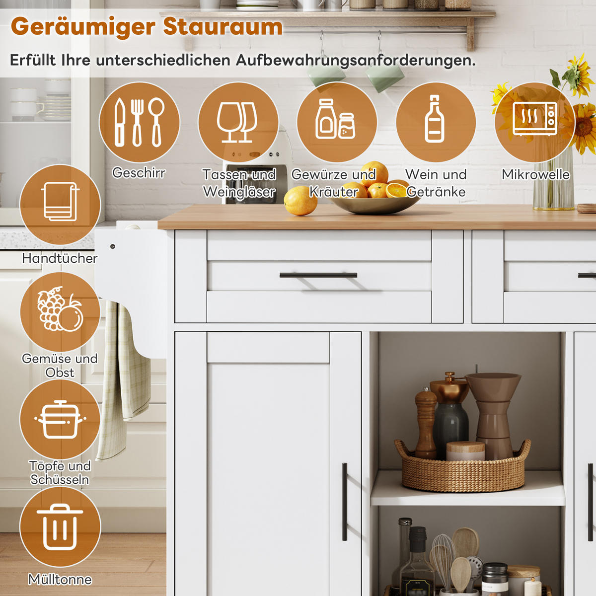 KÜCHENINSEL 145/70/94,5 cm weiß aus MDF mit Klappplatte - Weiß, Holzwerkstoff (145/94.5/70cm) - OKWISH