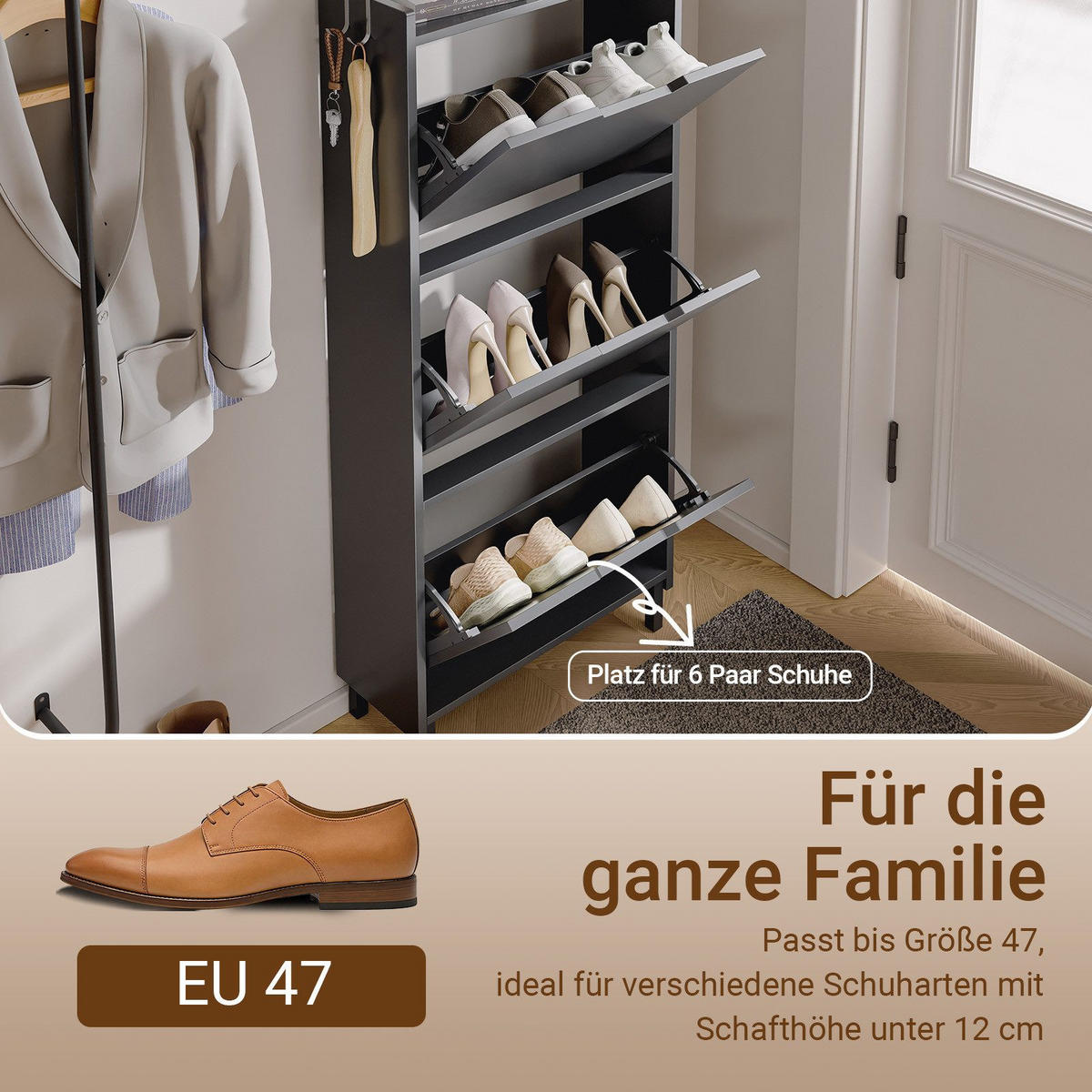 SCHUHSCHRANK mit 3 Klappen und Sensorlicht Schwarz 50x19x131cm - Schwarz, Holzwerkstoff (19/131/50cm) - SoBuy