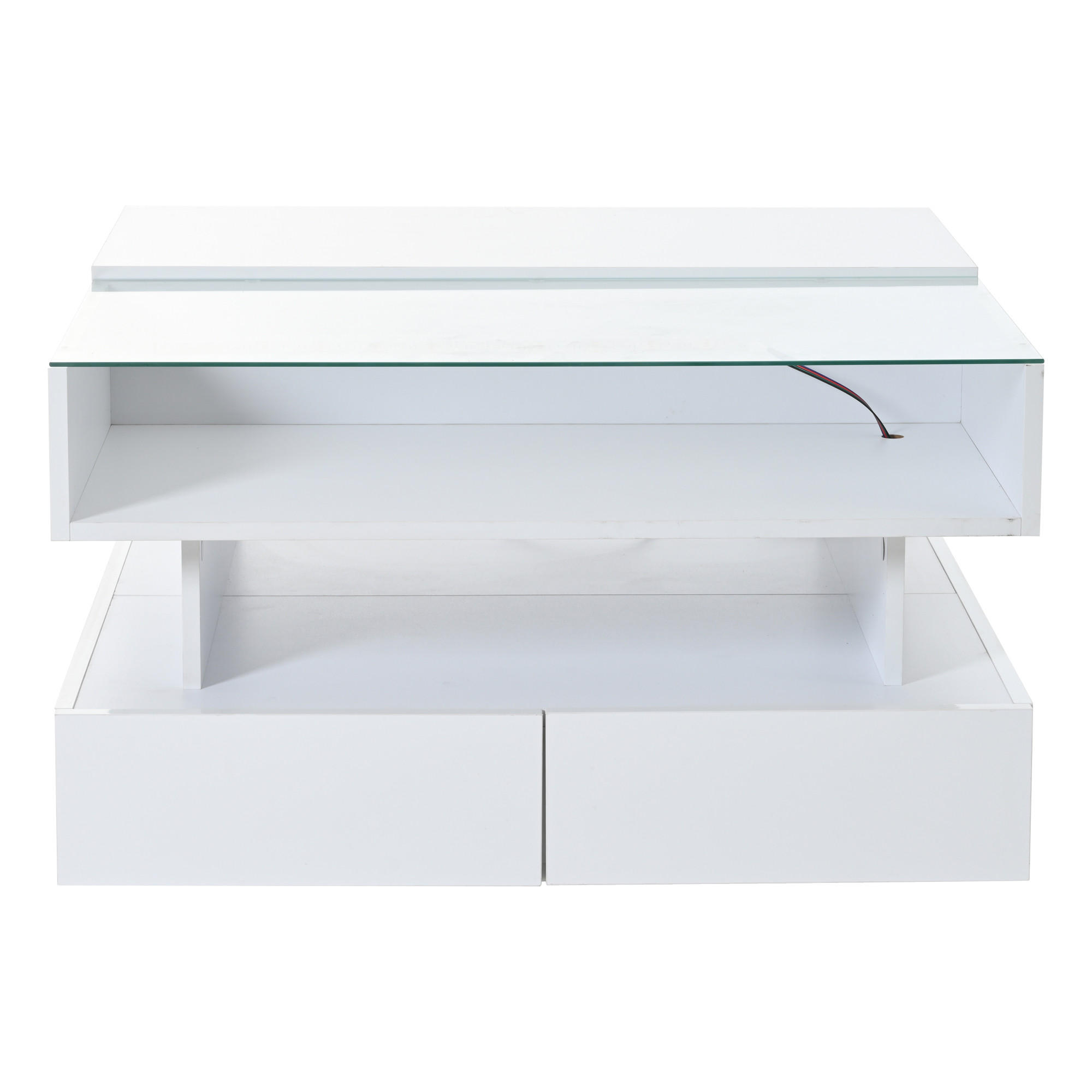 COUCHTISCH Weiß 80/80/45 cm mit Hubfunktion, LED, Glas-Element und Schubladen - Weiß, Holzwerkstoff (80/80/45cm) - PANGIVO