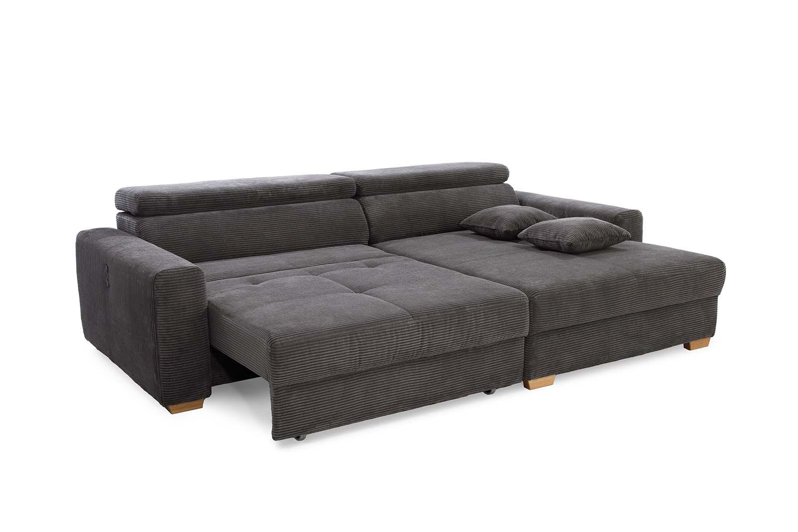 ECKSOFA mit elektrischer Sitztiefenverstellung, Kopflehnen verstellbar, USB-A und USB-C Ladefunktion B277/T187/H109 cm, Cord Grau Anthrazit / 15402 - Schieferfarben/Eichefarben, Eichenholz/Textil (277/187cm) - luma-home