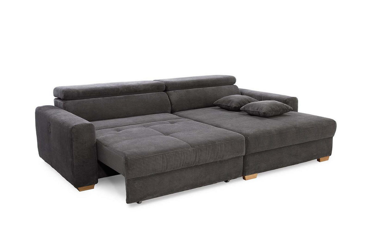 ECKSOFA mit elektrischer Sitztiefenverstellung, Kopflehnen verstellbar, USB-A und USB-C Ladefunktion B277/T187/H109 cm, Cord Grau Anthrazit / 15402 - Schieferfarben/Eichefarben, Eichenholz/Textil (277/187cm) - luma-home