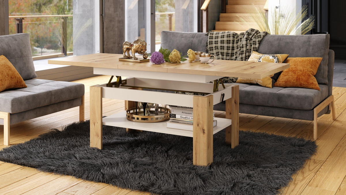 COUCHTISCH rechteckig Eiche Artisan - Beige ausziehbar höhenverstellbar - Eichefarben/Beige, Holzwerkstoff (65/130/58cm) - designimpex