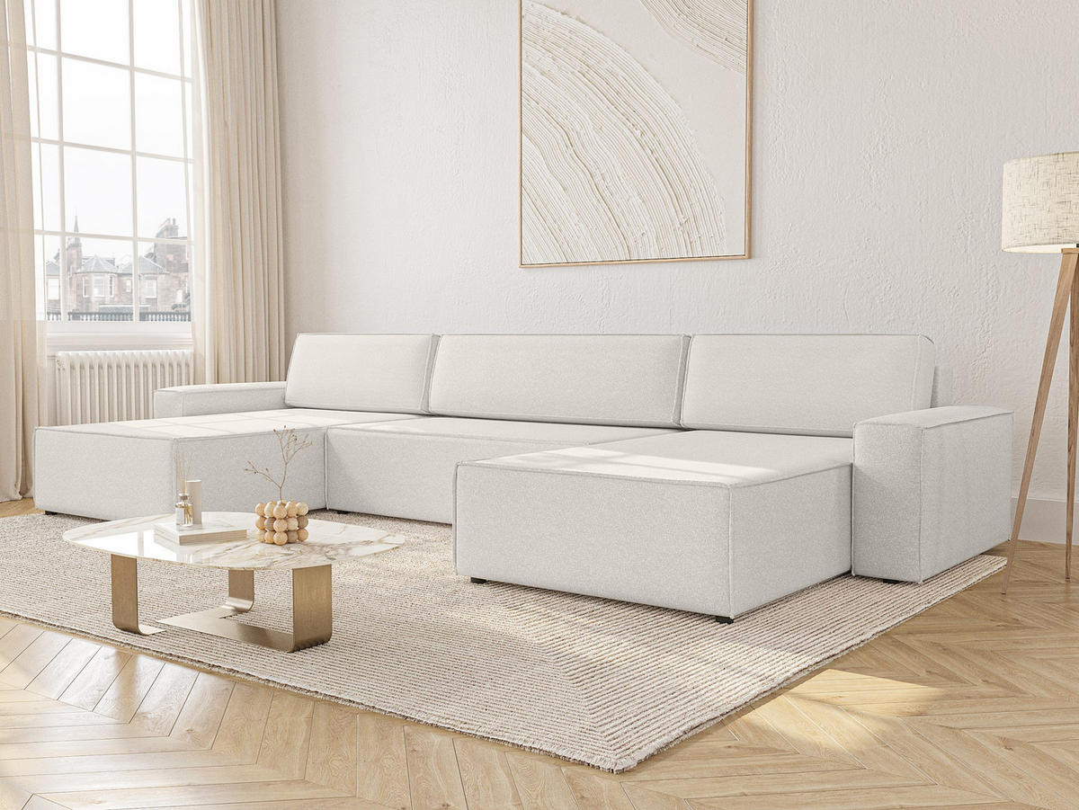 WOHNLANDSCHAFT Lummo U mit Schlaffunktion, Cremeweiß - Weiß, Textil (386/70/185cm) - Fedve