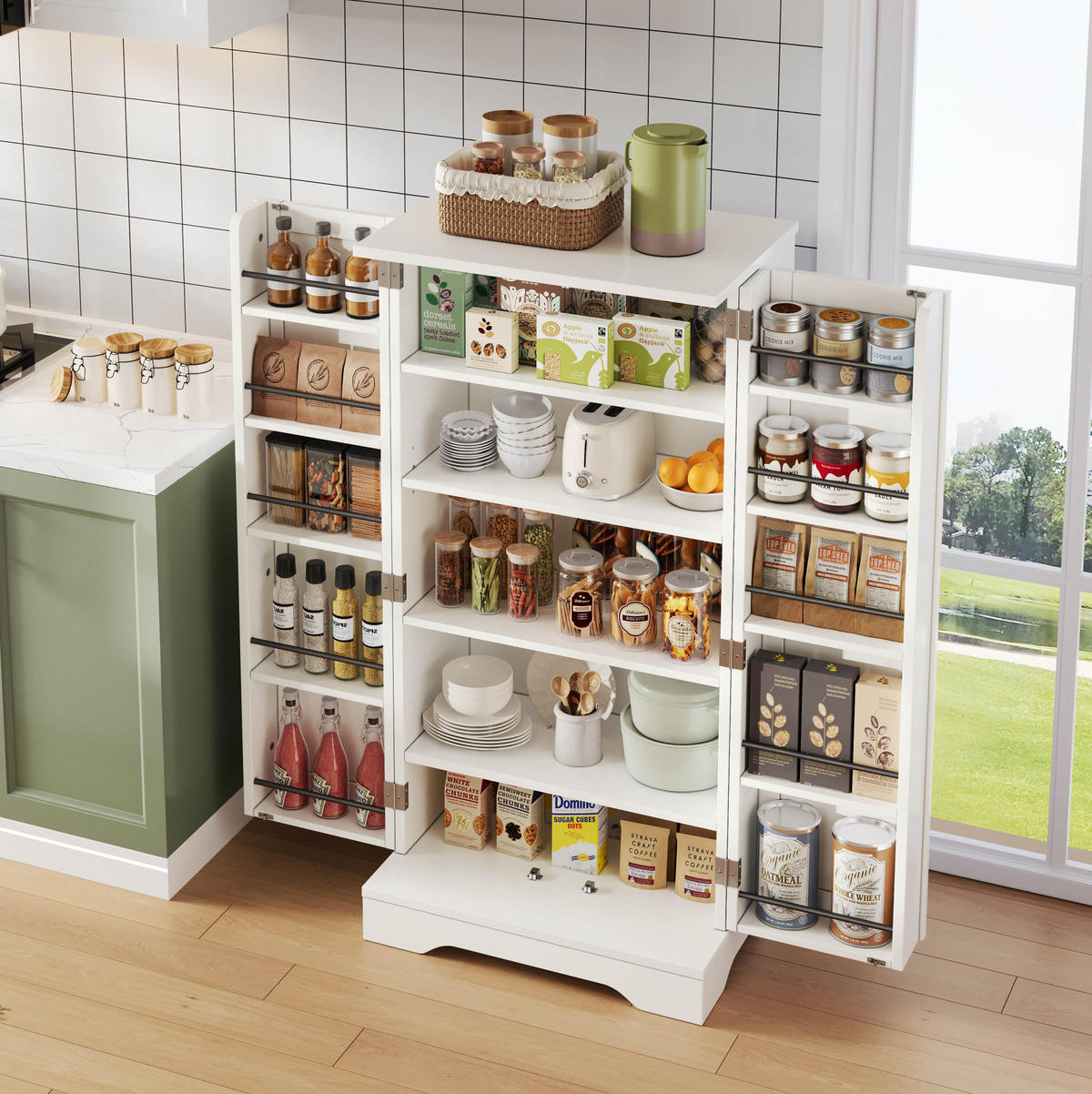 ANRICHTE 120/60/40 cm in Weiß mit LED-Beleuchtung und verstellbaren Böden - Weiß, Holzwerkstoff (60/120/40cm) - Flora Grace