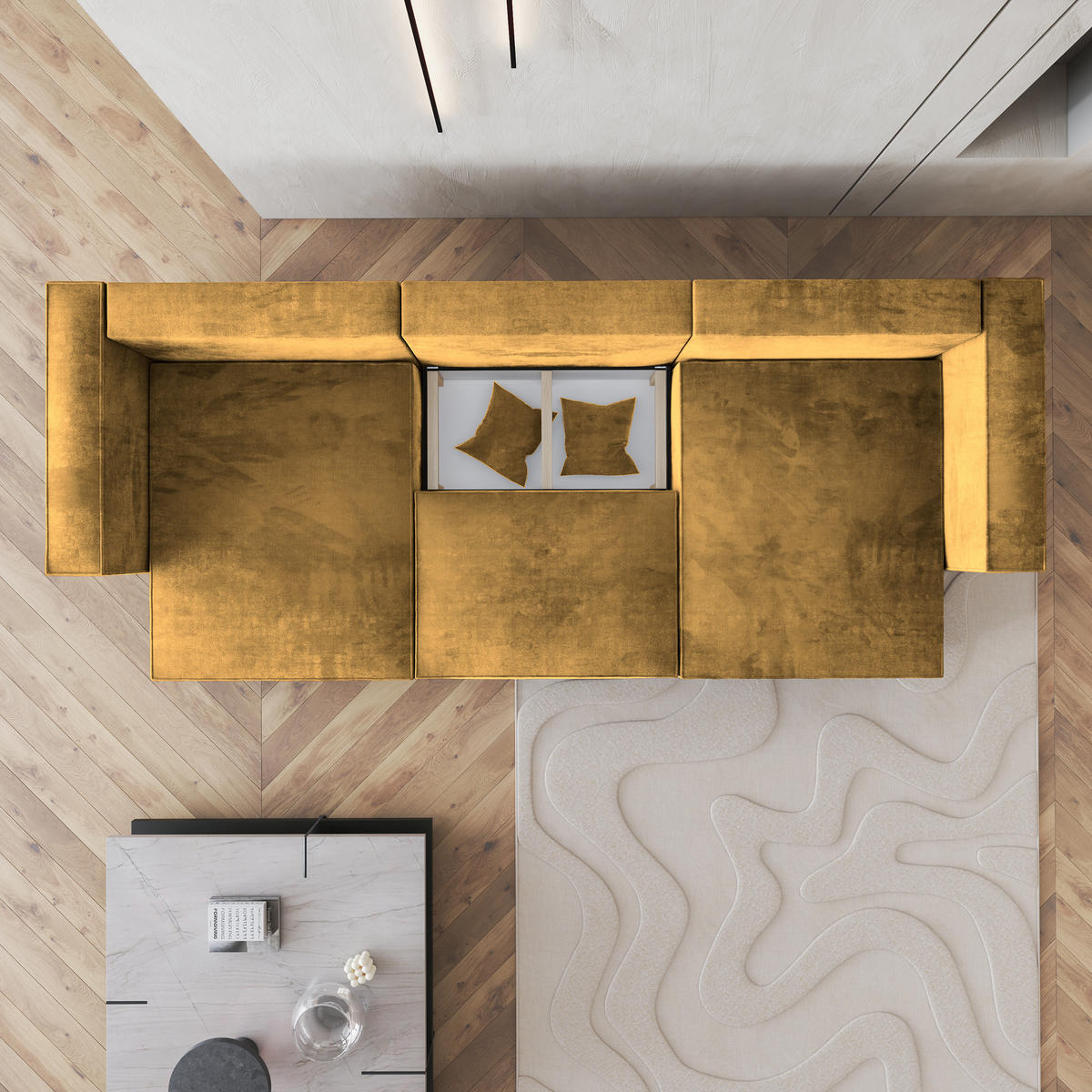 WOHNLANDSCHAFT SARMO M Gelb Velours-Stoff mit Schlaffunktion - Gelb, Holz (347/70/148cm) - MASSENO