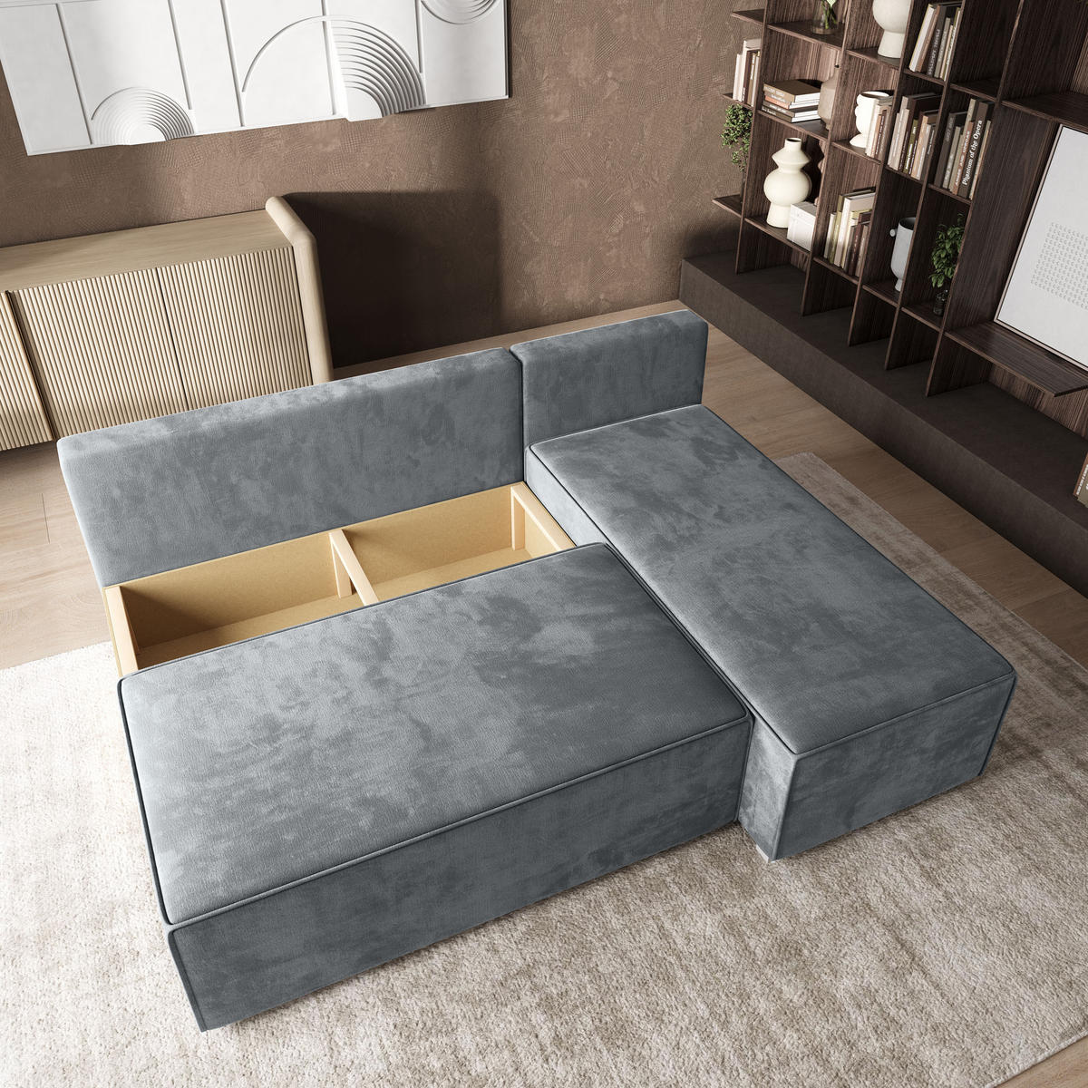 ROHOVÁ SEDAČKA BRISO světle šedá - šedá/světle šedá, dřevo/textil (200/140cm) - MASSENO