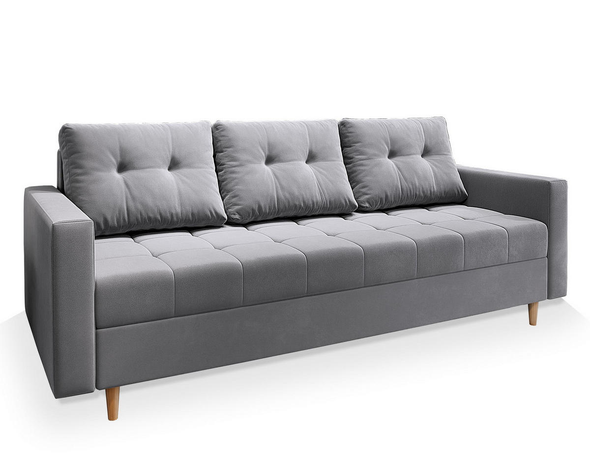 BETTSOFA MILO Hellgrau Plüsch-Stoff mit Schlaffunktion - Hellgrau, Textil (220/93/87cm) - MASSENO