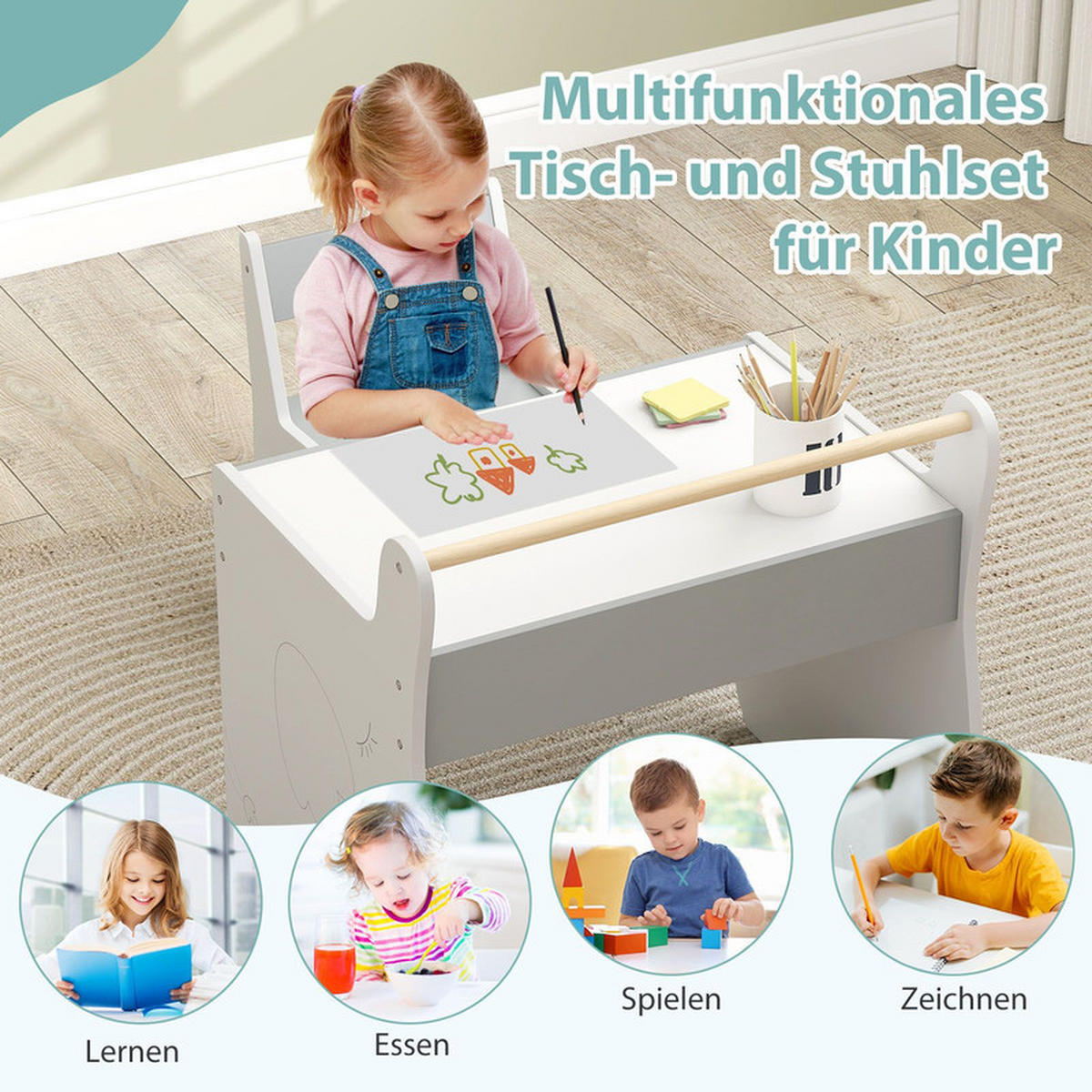 KINDERTISCH mit Stuhl grau(2-tlg) - Grau, Holzwerkstoff (61.5/59/47cm) - COSTWAY