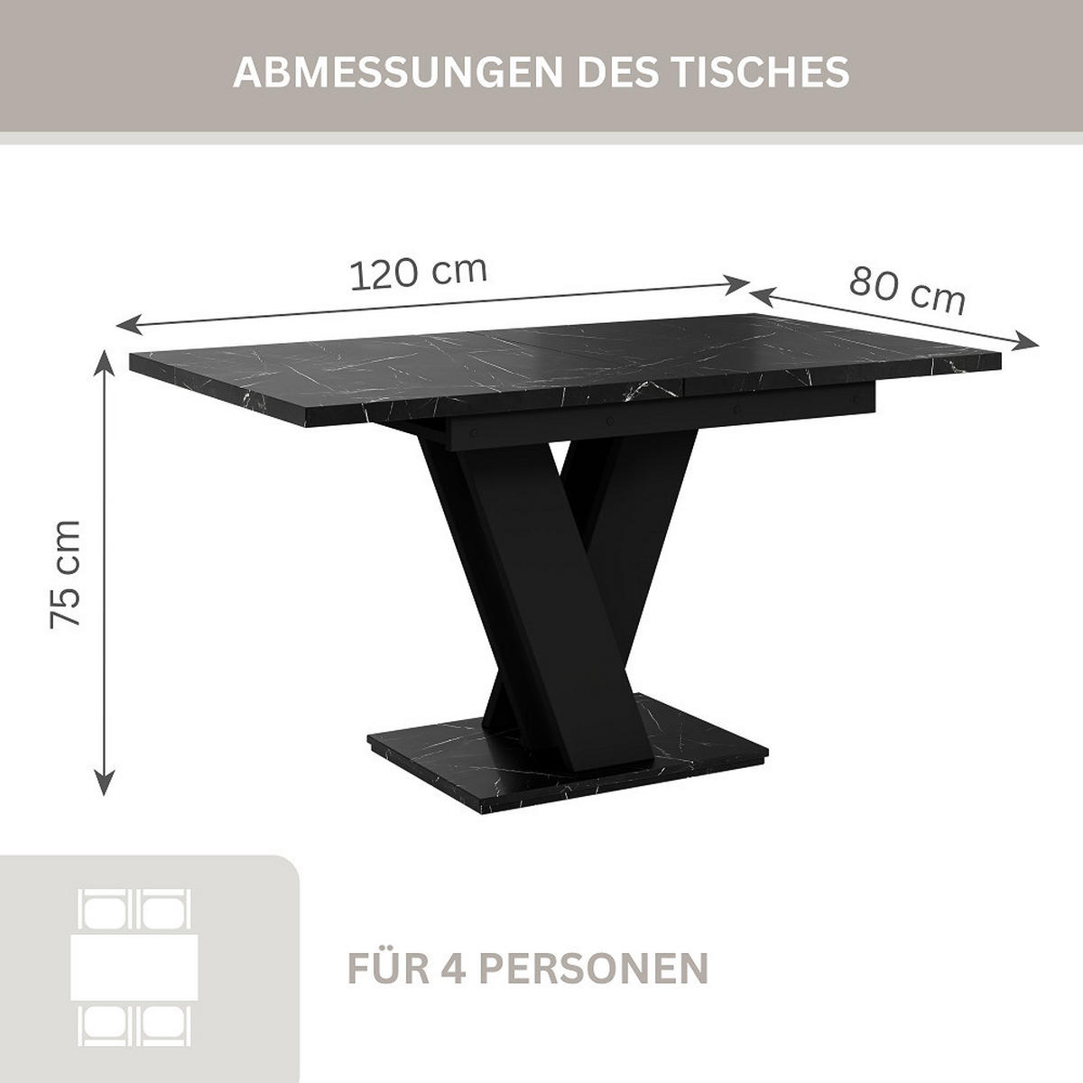 ESSTISCH Royal Schwarz Marmoptik Ausziehbar 120 - 160 cm - Schwarz, Holzwerkstoff (120/80/75cm) - PROSPERO