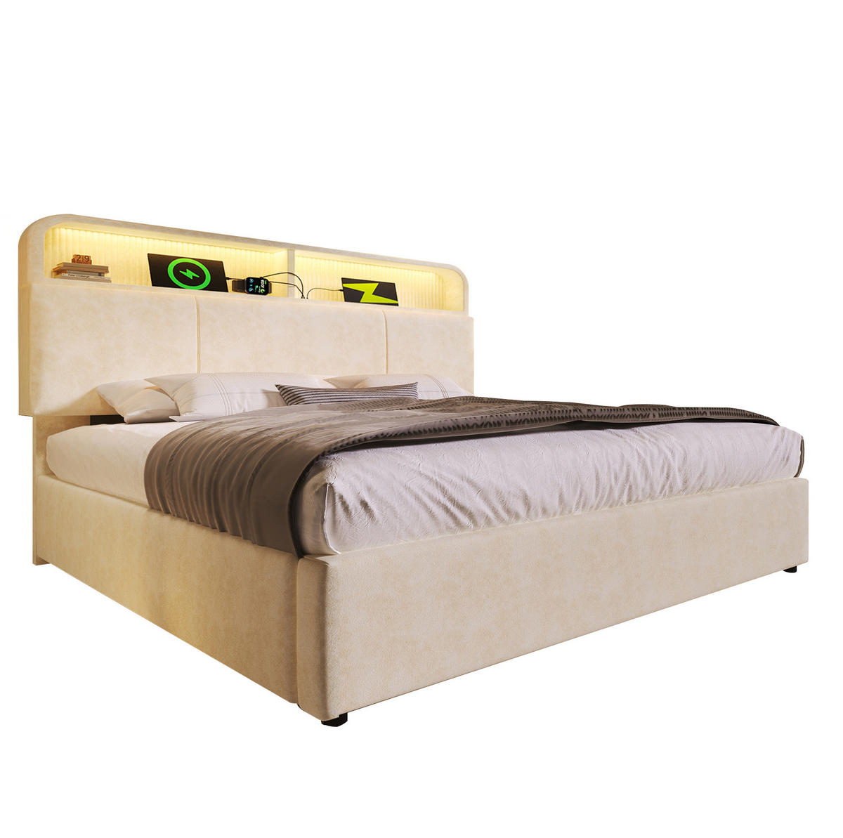 SAMT-POLSTERBETT 180/200 cm mit Bettkasten, LED-Beleuchtung und verstellbarem Kopfteil - Beige, Textil (180/200cm) - BEAOK