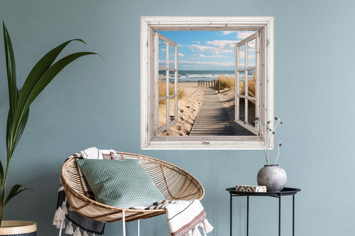 WANDTATTOO Fenster - Meer - Küste - Natur - Ausblick - Strand - Wattenmeer 50x50 cm - Beige, Kunststoff (50/50/0.1cm) - MuchoWow