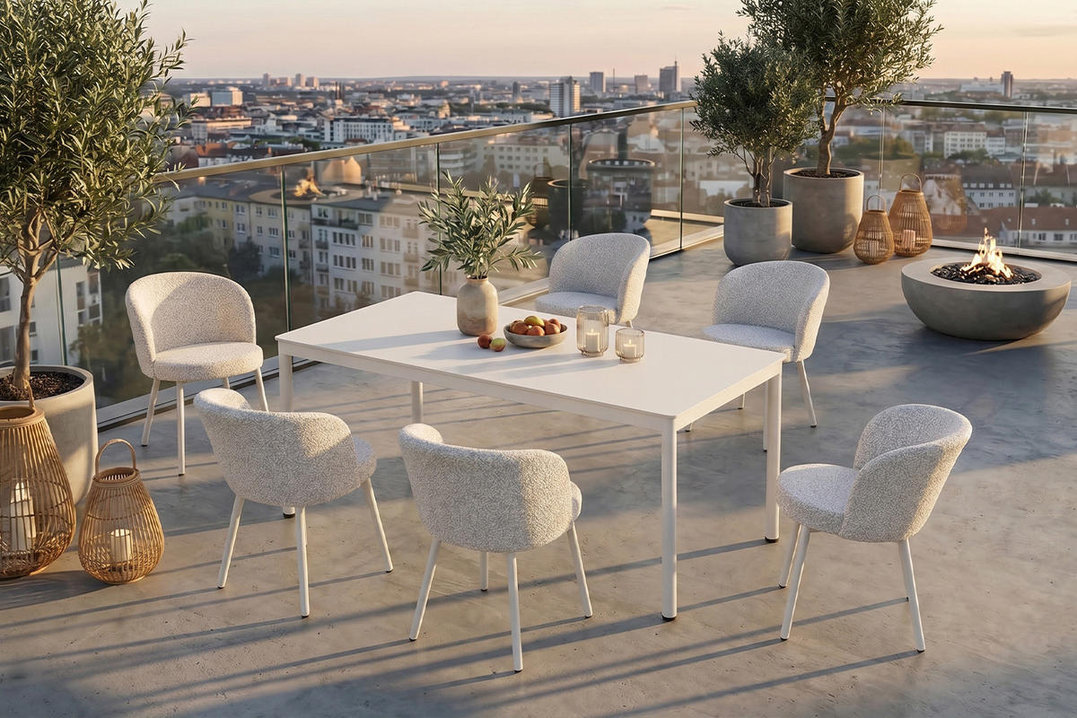 GARTEN-ESSGRUPPE INDUS 7ER SET Cremeweiß Keramik, Flachgewebe - Creme, Keramik - KAWOLA