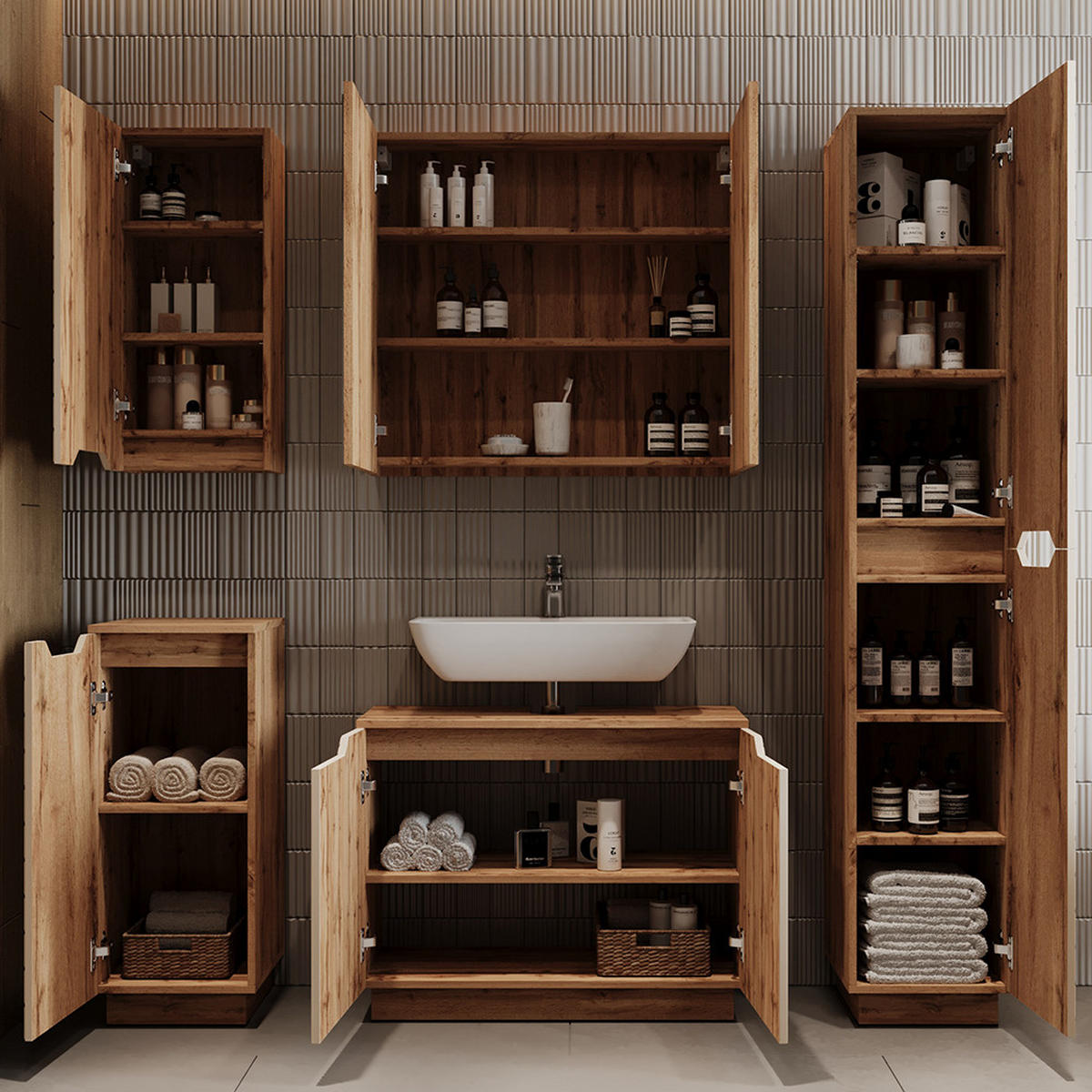 BADMÖBEL-SET Lotta Eiche/Kaschmir gestreift 4 Teile - Kaschmir, Holzwerkstoff (79.6/62.1/32cm) - Vicco