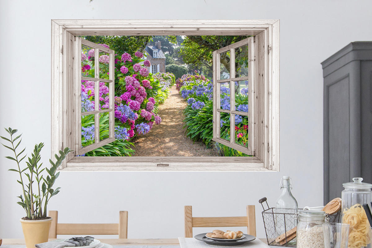 WANDTATTOO Hortensie - Fensterblick - Blumen - Sommer - Lila - Weg 120x80 cm - Lila, Kunststoff (120/80/0.1cm) - MuchoWow