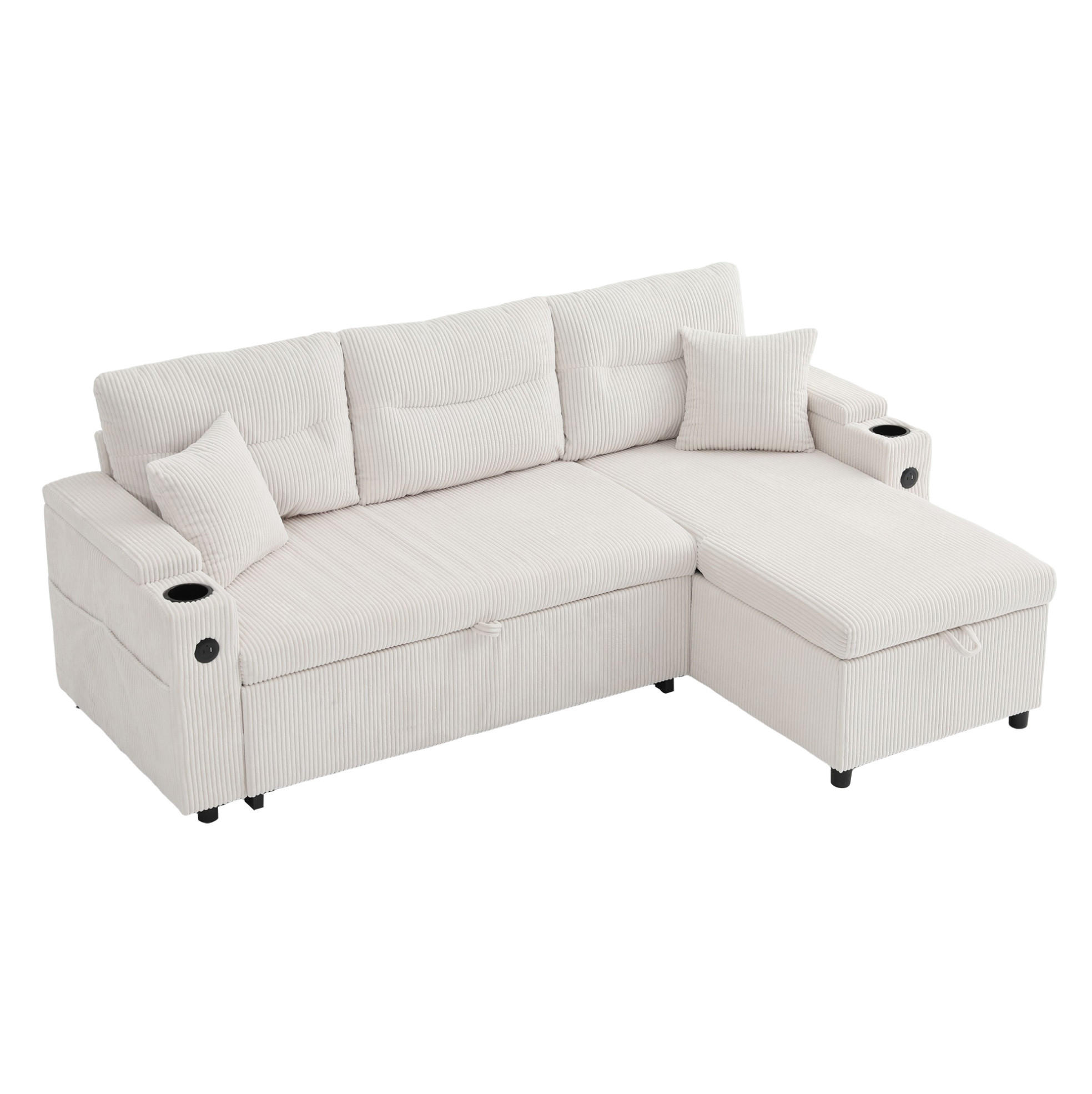 ECKSCHLAFSOFA 3-Sitzer Cord mit Stauraum USB-Anschluss und Becherhalter Beige 212,5/136/86 cm - Beige, Textil (136/212.5cm) - Redom