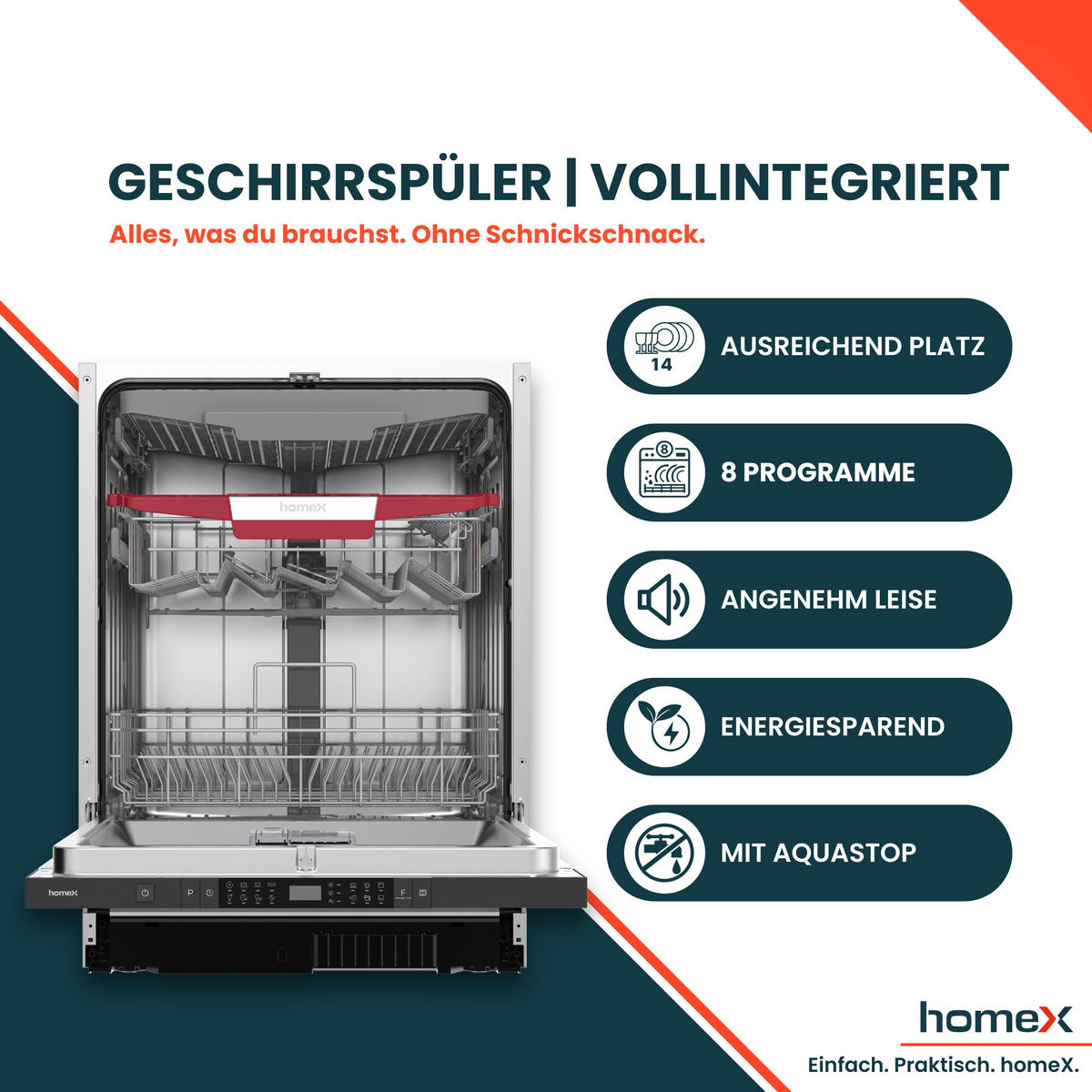 GESCHIRRSPÜLER vollintegrierbar 60 cm, Einbau Spülmaschine - 14 Maßgedecke, 8 Programme, AquaStop, Bodenlicht - Silberfarben, Kunststoff/Metall (59.8/81.5/55cm) - homeX