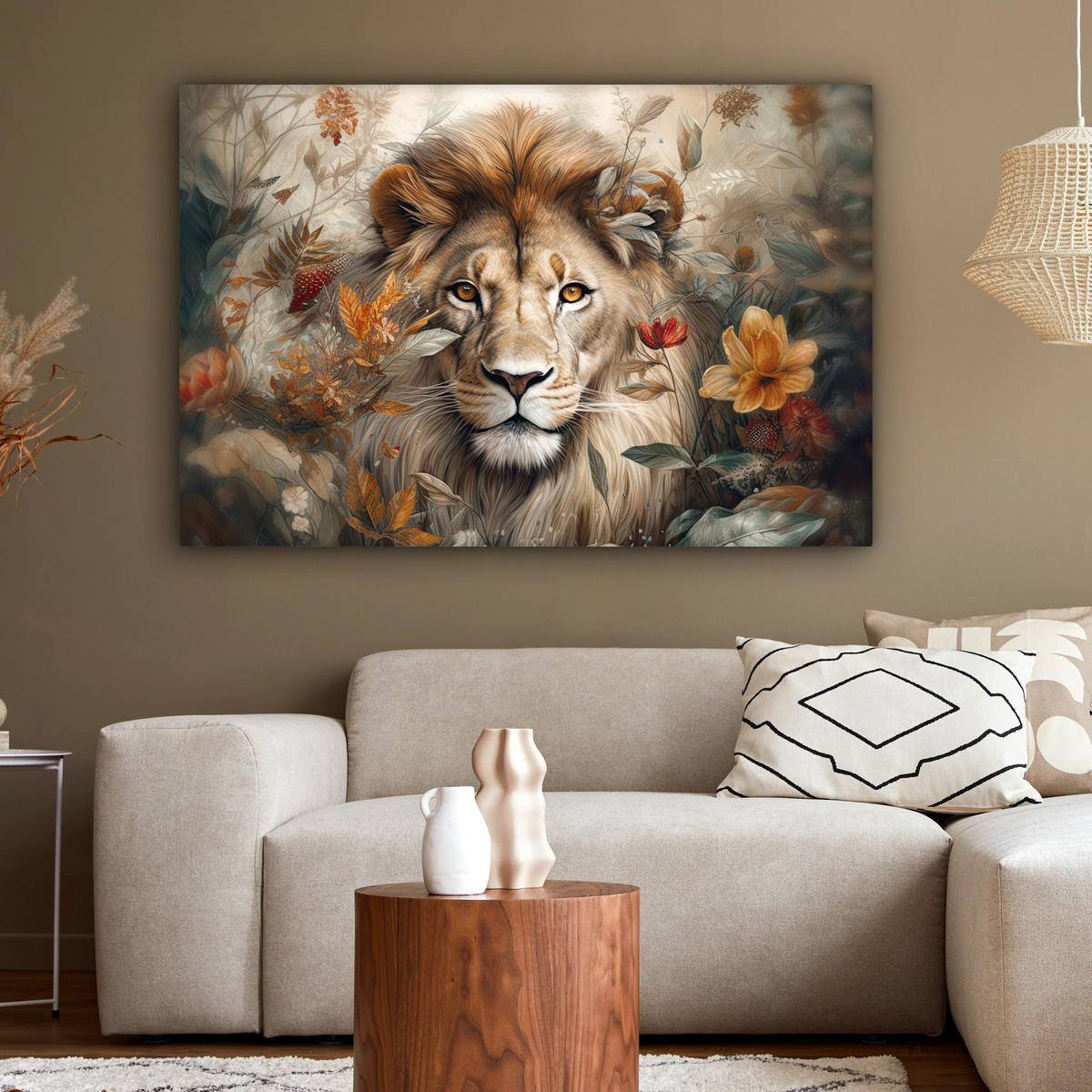 LEINWANDBILD Löwe - Wildtiere - Pflanzen - Natur - Blumen Groß 140x90 cm - Beige, Textil (140/90cm) - MuchoWow