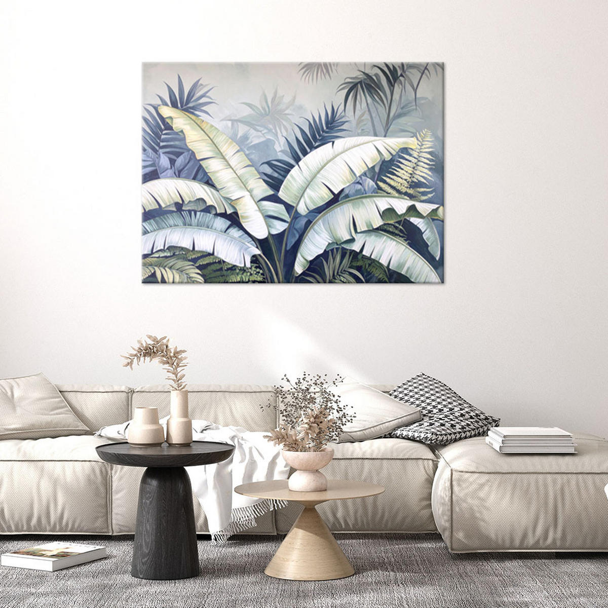 LEINWANDBILD, Palm- und Bananenblätter auf grauem Hintergrund - Blau, Textil (60/40cm) - Feeby