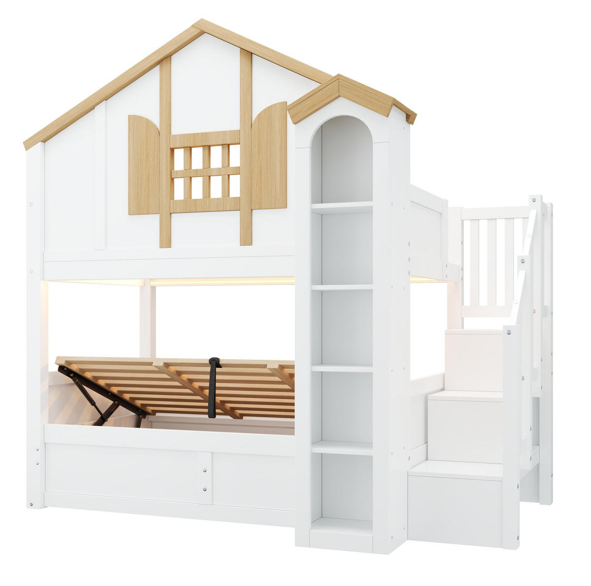 ETAGENBETT 2x 90x200 cm in Weiß mit Stauraumtreppe, LED und hydraulischem Bettkasten - Weiß, Holz (90/200cm) - IVMEU