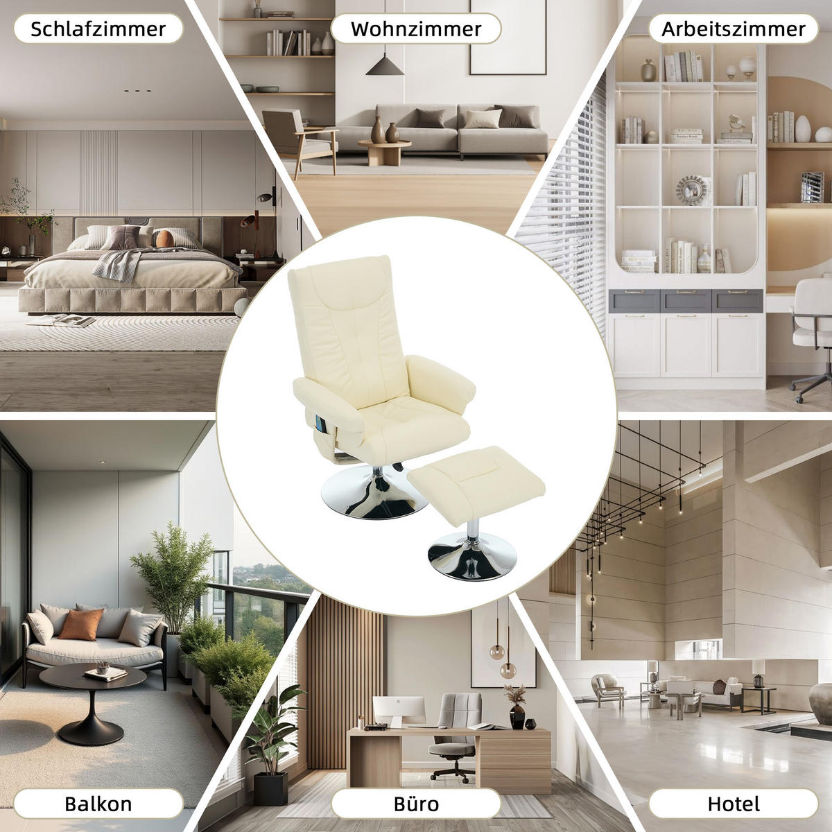 RELAXSESSEL PU mit Massage und Sitzheizung inklusive Hocker 76/75/103 cm Beige - Beige, Kunststoff (75/103/76cm) - Redom