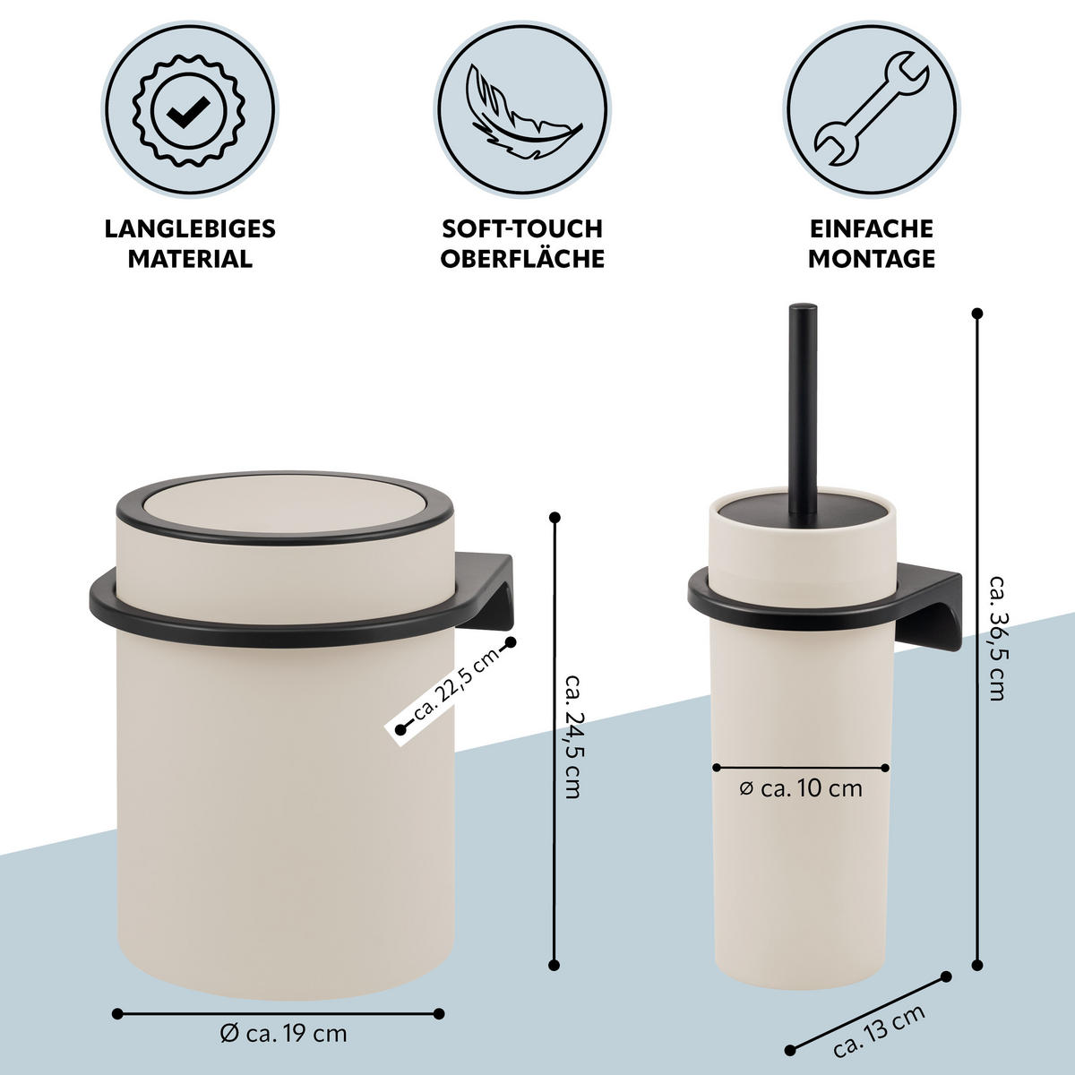 WC-GARNITUR 2-TLG. Bürste u. Eimer SAVONA Softtouch inkl. Wandhalterung, rund - beige - Beige, Kunststoff (19/24.5/19cm) - bremermann