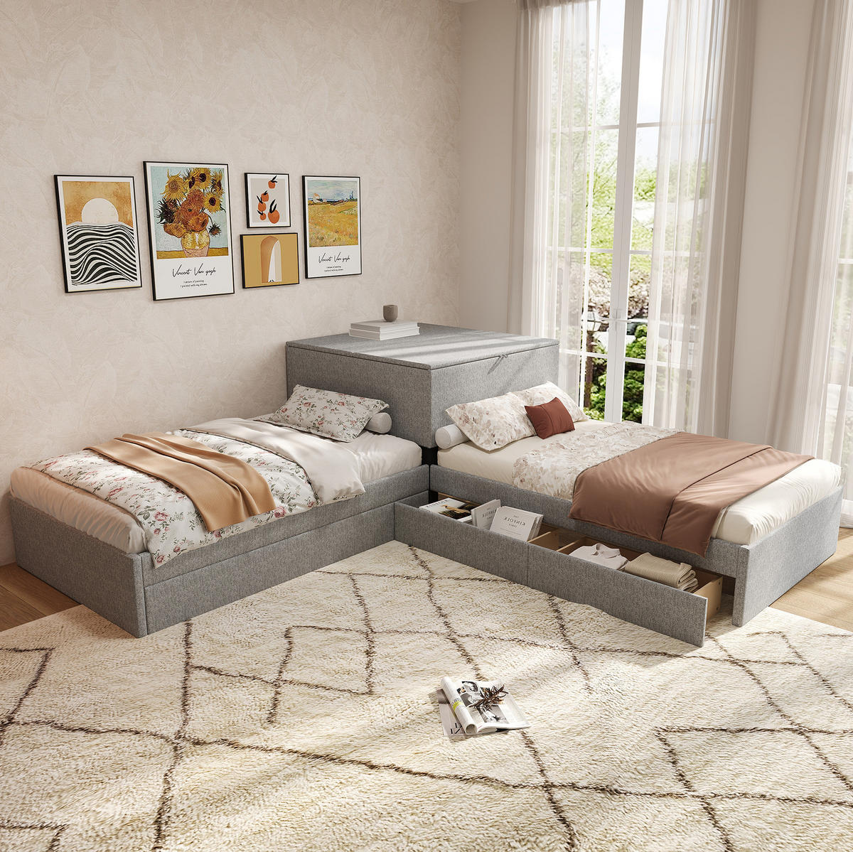 ECKBETT 90/200 cm mit Ausziehbett, Stauraumschrank, 2 Schubladen und Leinenbezug, Grau - Grau, Textil (90/200cm) - Redom
