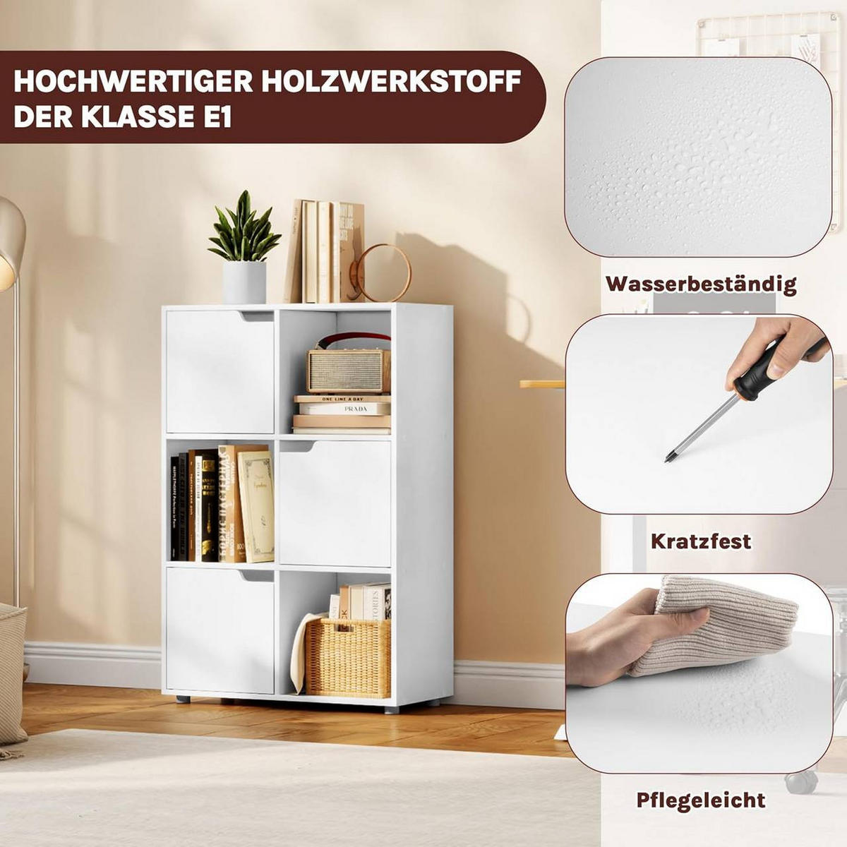 REGALE Bücherregal mit 3 Türen, 6 Fächer, Weiß - Weiß, Holzwerkstoff (59.6/91/29cm) - Woltu