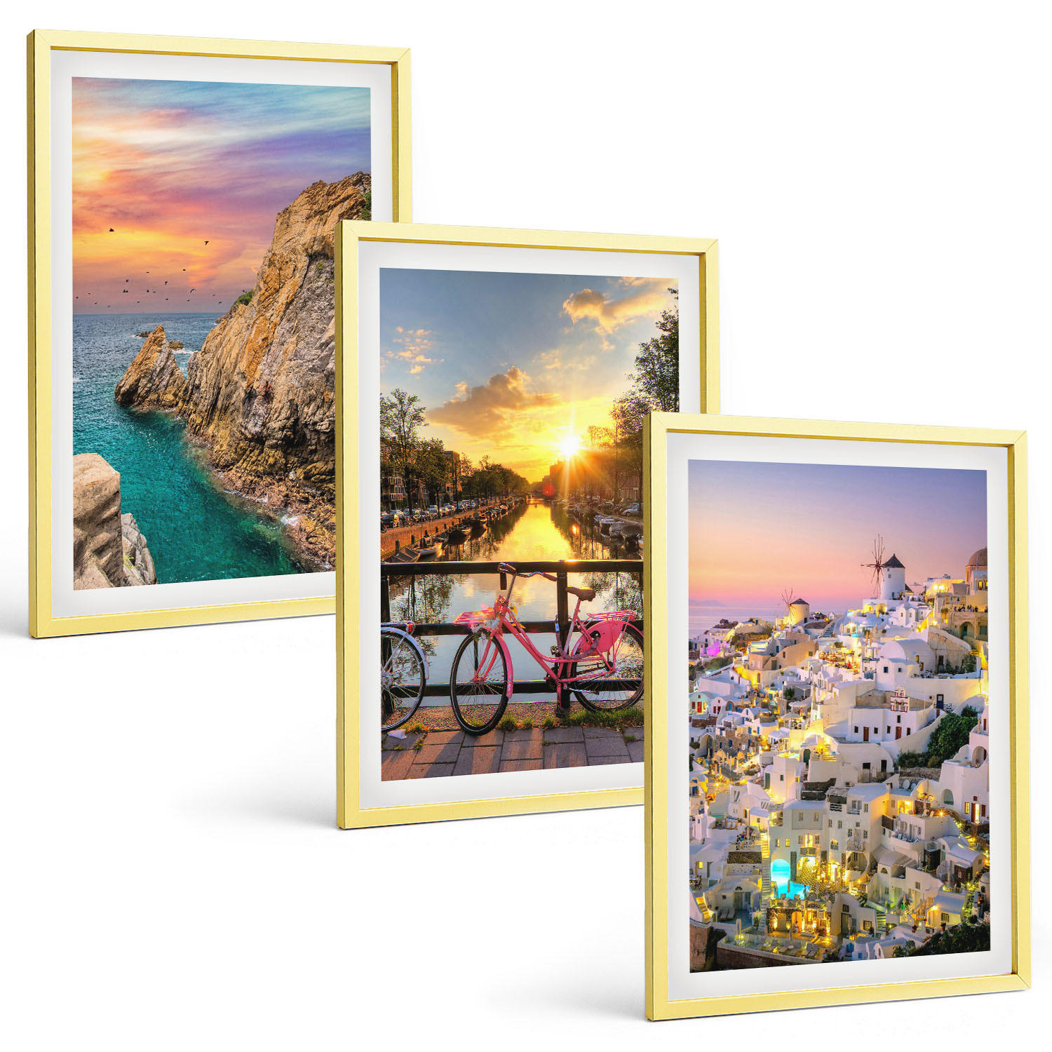 BILDER SET 3er Set - 40x60 cm Goldrahmen - Sonnenuntergang am Meer - Goldfarben, Kunststoff (40/60cm) - TULUP