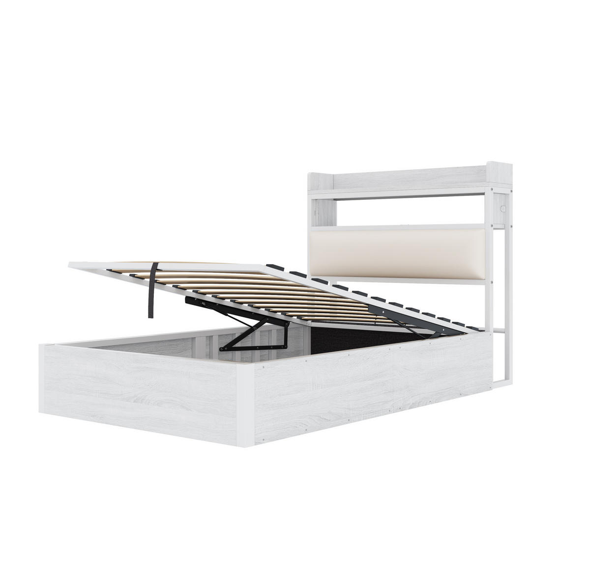 POLSTERBETT 90/200 cm mit Bettkasten, USB und gepolstertem Kopfteil - Weiß, Metall (90/200cm) - BEAOK