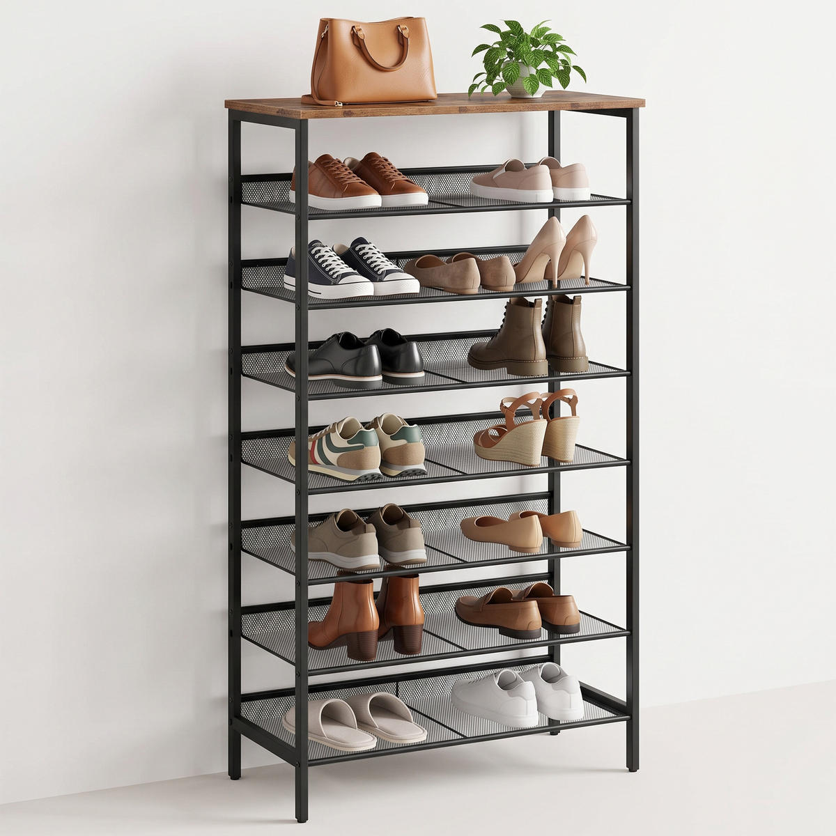 SCHUHREGAL Vintagebraun Metall MDF 8 Ebenen 137 cm - Schwarz, Holzwerkstoff/Metall (75/137/30cm) - Relaxdays
