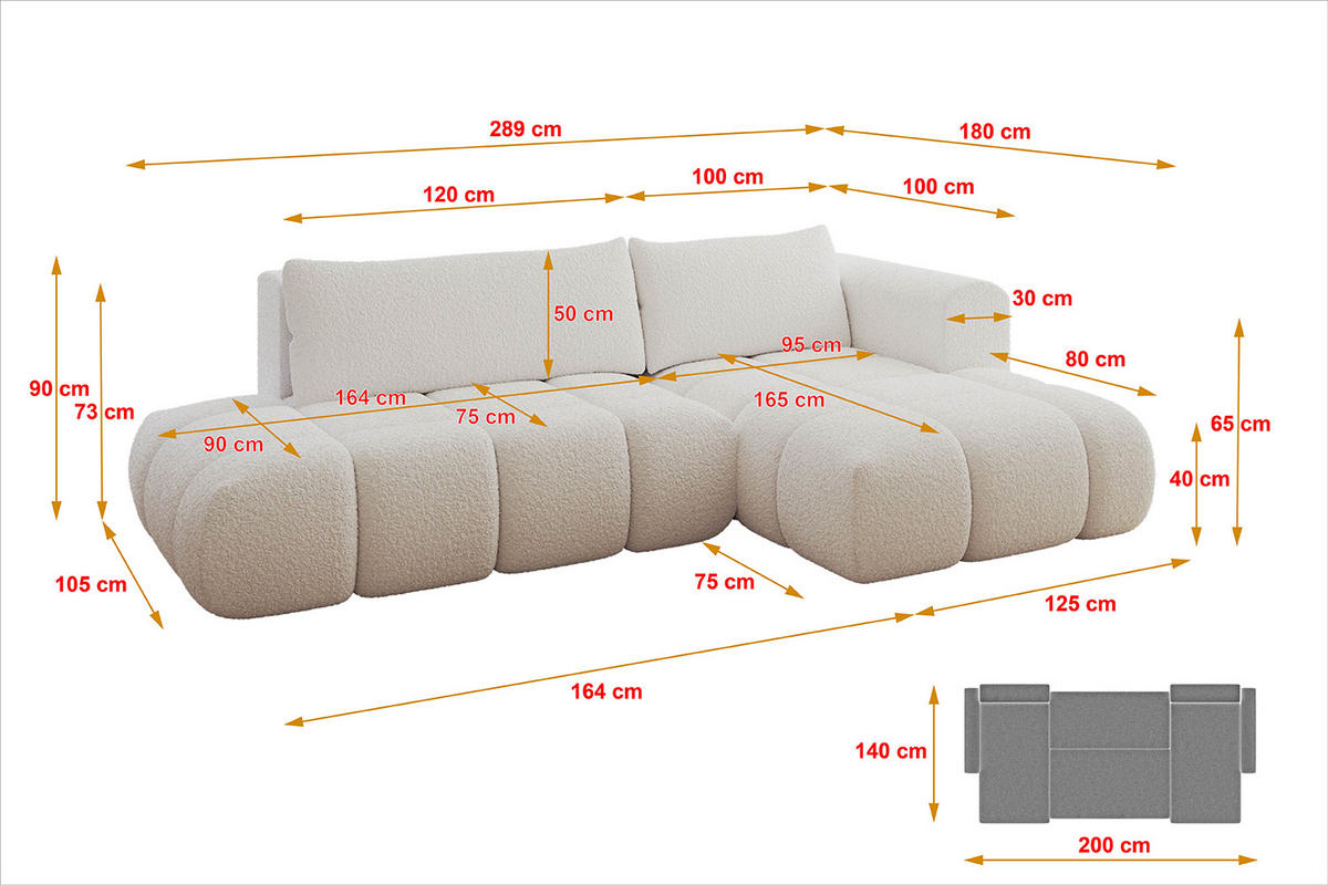 ECKSOFA Ottomane Rechts CLOUD-L 289x180x40 Weiß Bouclé - Weiß, Holzwerkstoff/Kunststoff (289/180cm) - ALTDECOR