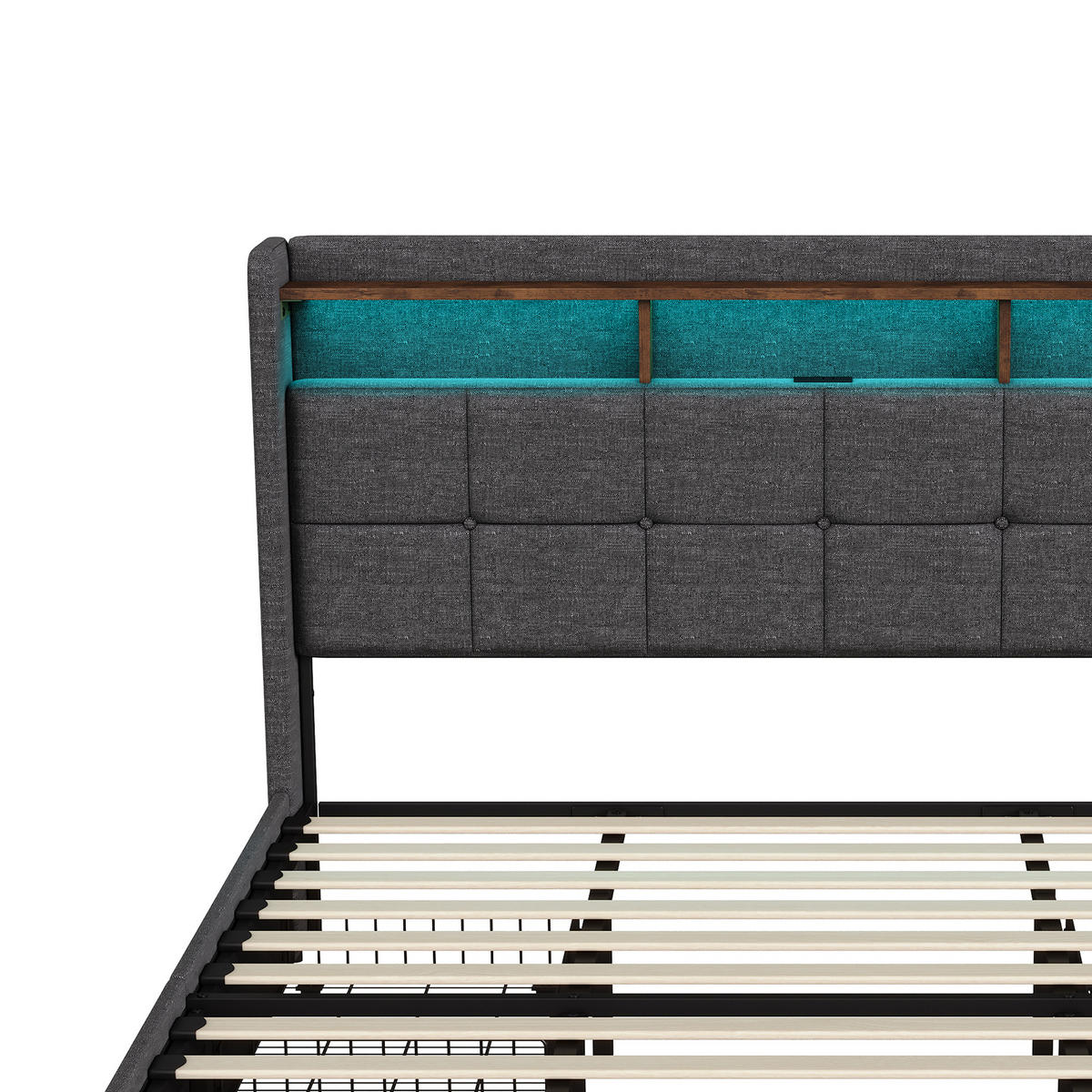 POLSTERBETT 180x200 cm mit Stauraumkopf und 4 Schubladen, LED-Leisten, USB-/Typ-C, Leinenstoff, Grau - Grau, Holz (180/200cm) - BRILVERDE
