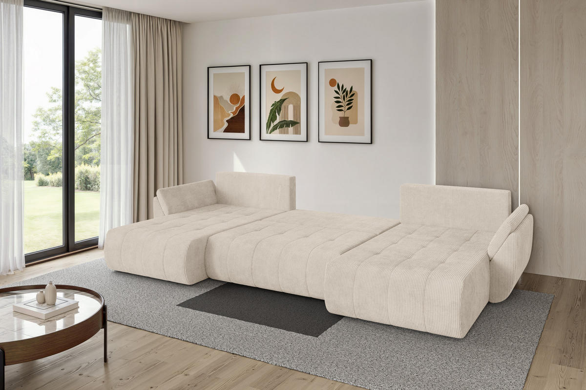 SEDACÍ SOUPRAVA DO U s funkcí spaní a úložným prostorem TOKO-U 378x194x86 béžová manšestr - černá/béžová, kompozitní dřevo/textil (378/86/194cm) - ALTDECOR
