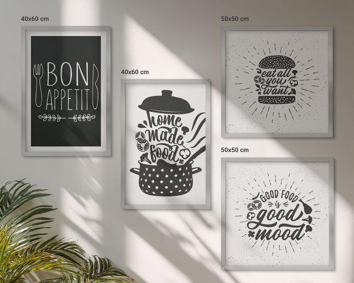 BILDER SET 4er Set - 50x50 cm & 40x60 cm Silberner Rahmen - Grafiken, Lebensmittel, kulinarische Slogans - Silberfarben, Kunststoff (50/50cm) - TULUP